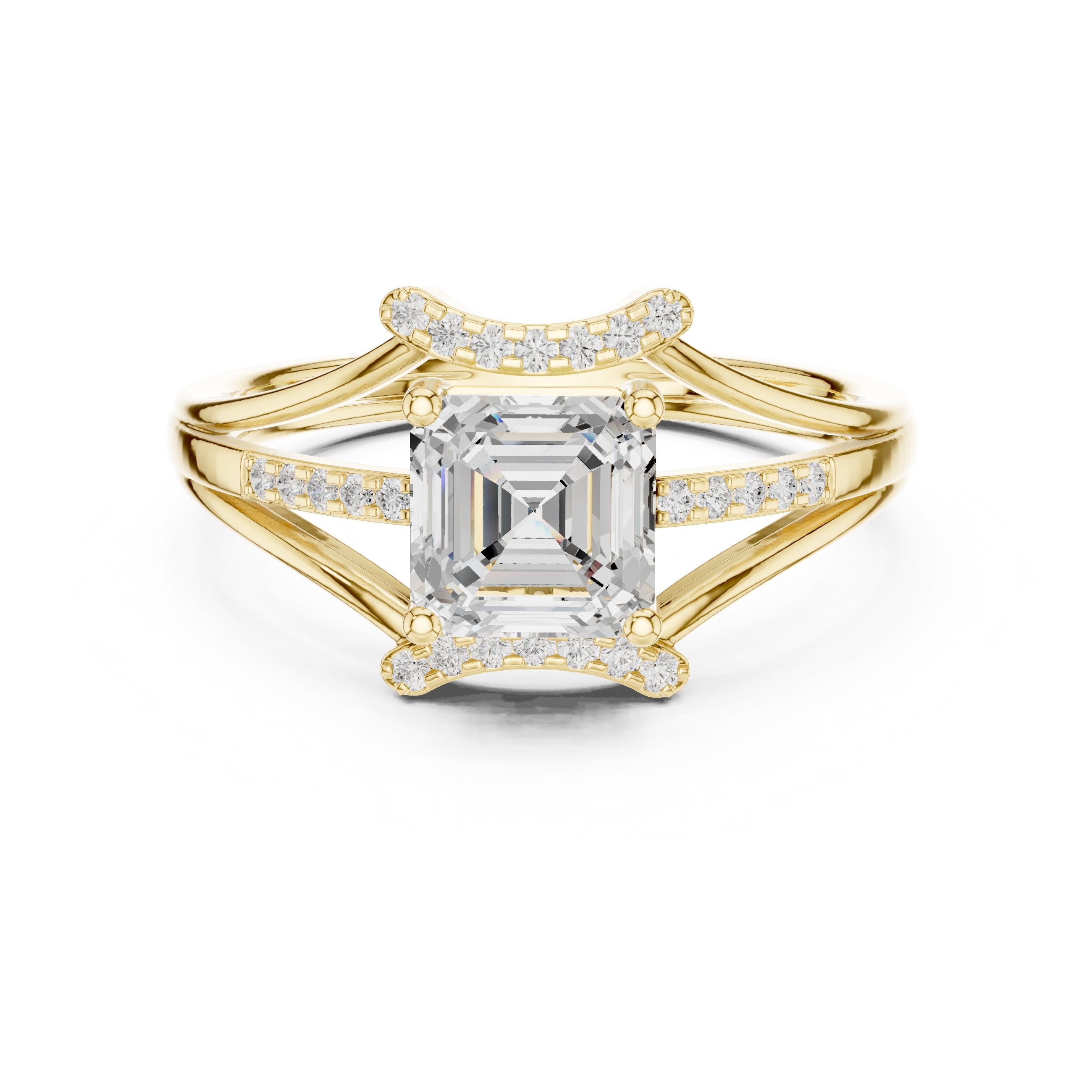 Asscher Cut Engagement Ring with Geometric Crown and Split Shank Pavé in Yellow Gold - VYKA Diamonds