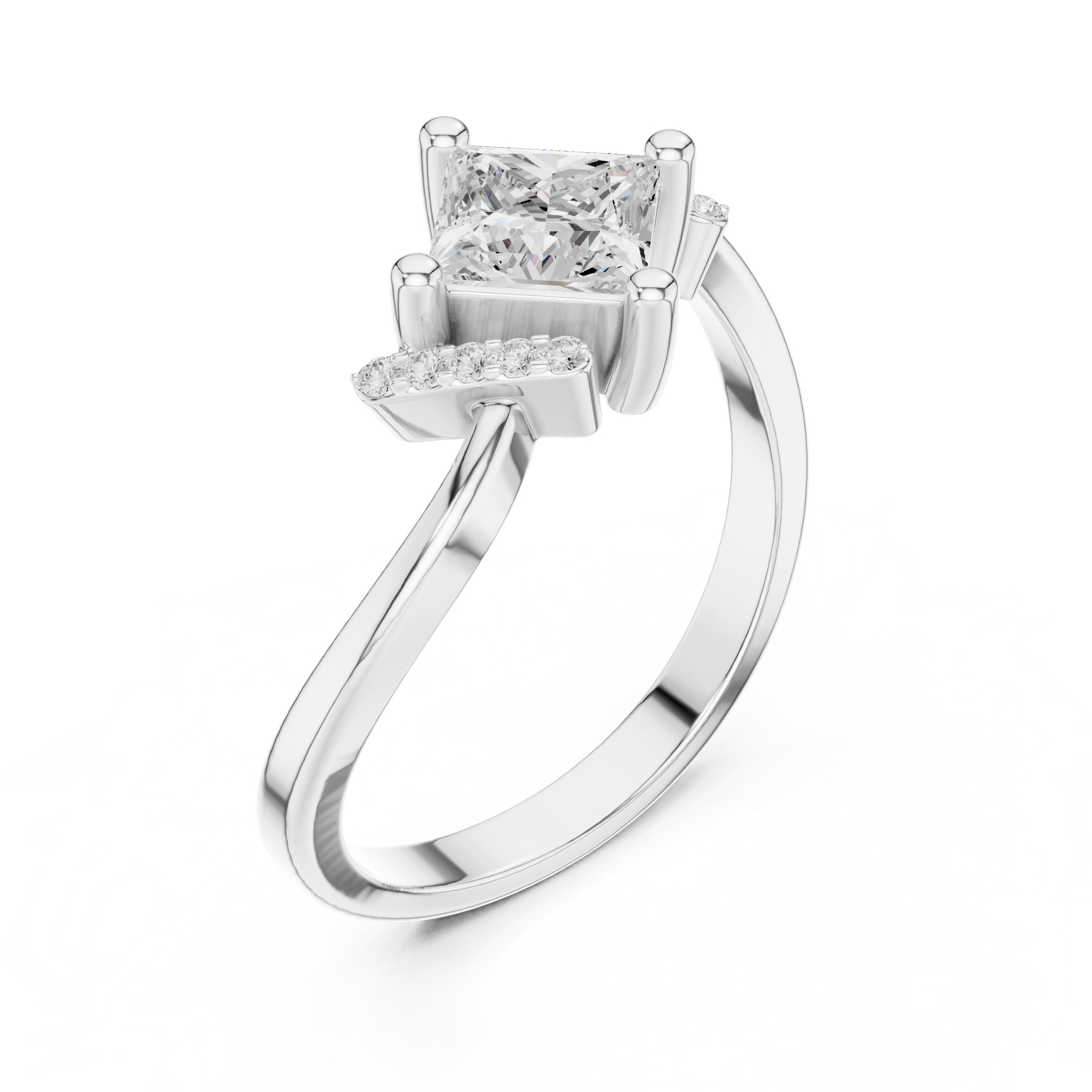 Kite Princess Cut Engagement Ring with Twisted Shank in White Gold - VYKA Diamonds