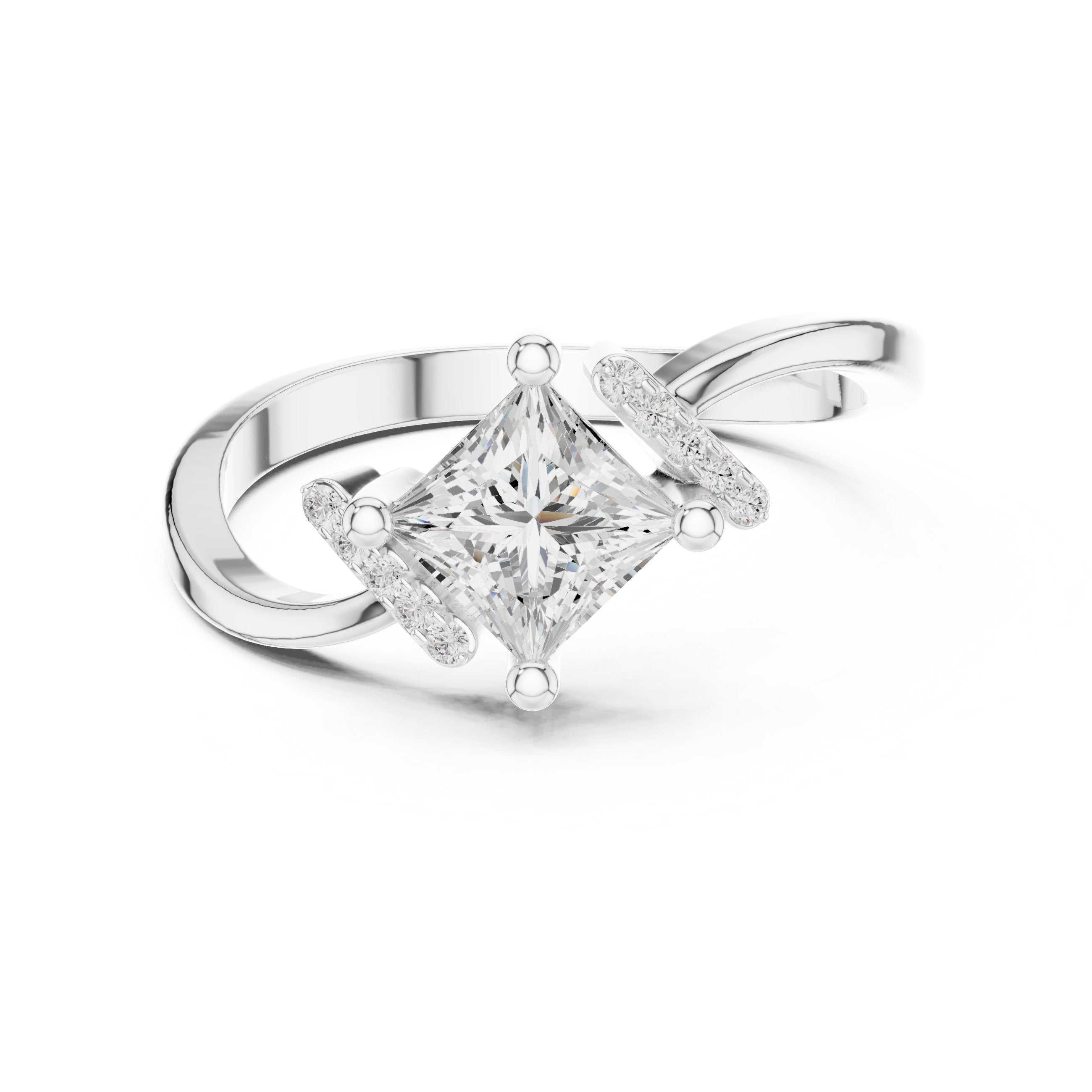 Kite Princess Cut Engagement Ring with Twisted Shank in White Gold - VYKA Diamonds