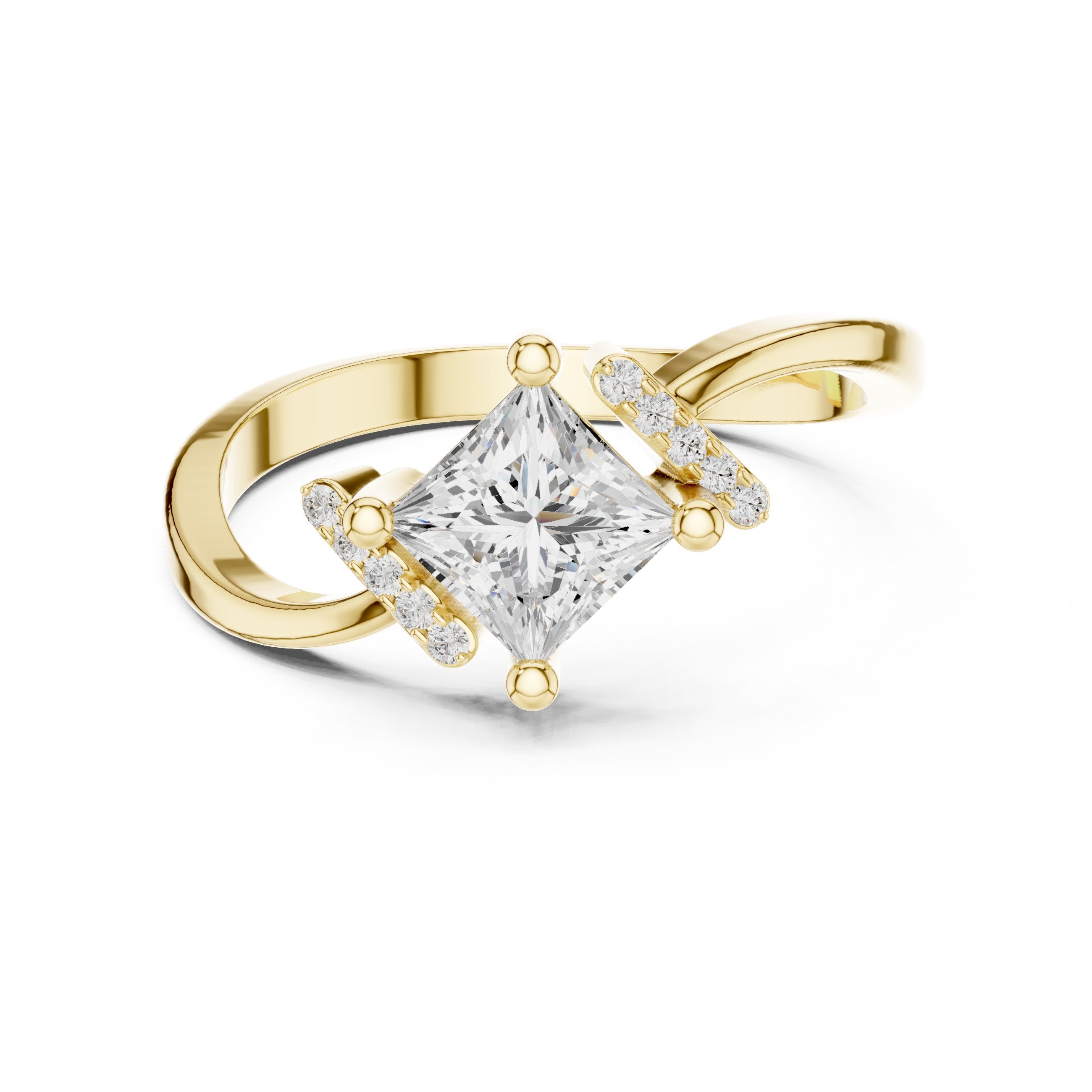 Kite Princess Cut Engagement Ring with Twisted Shank in Yellow Gold - VYKA Diamonds