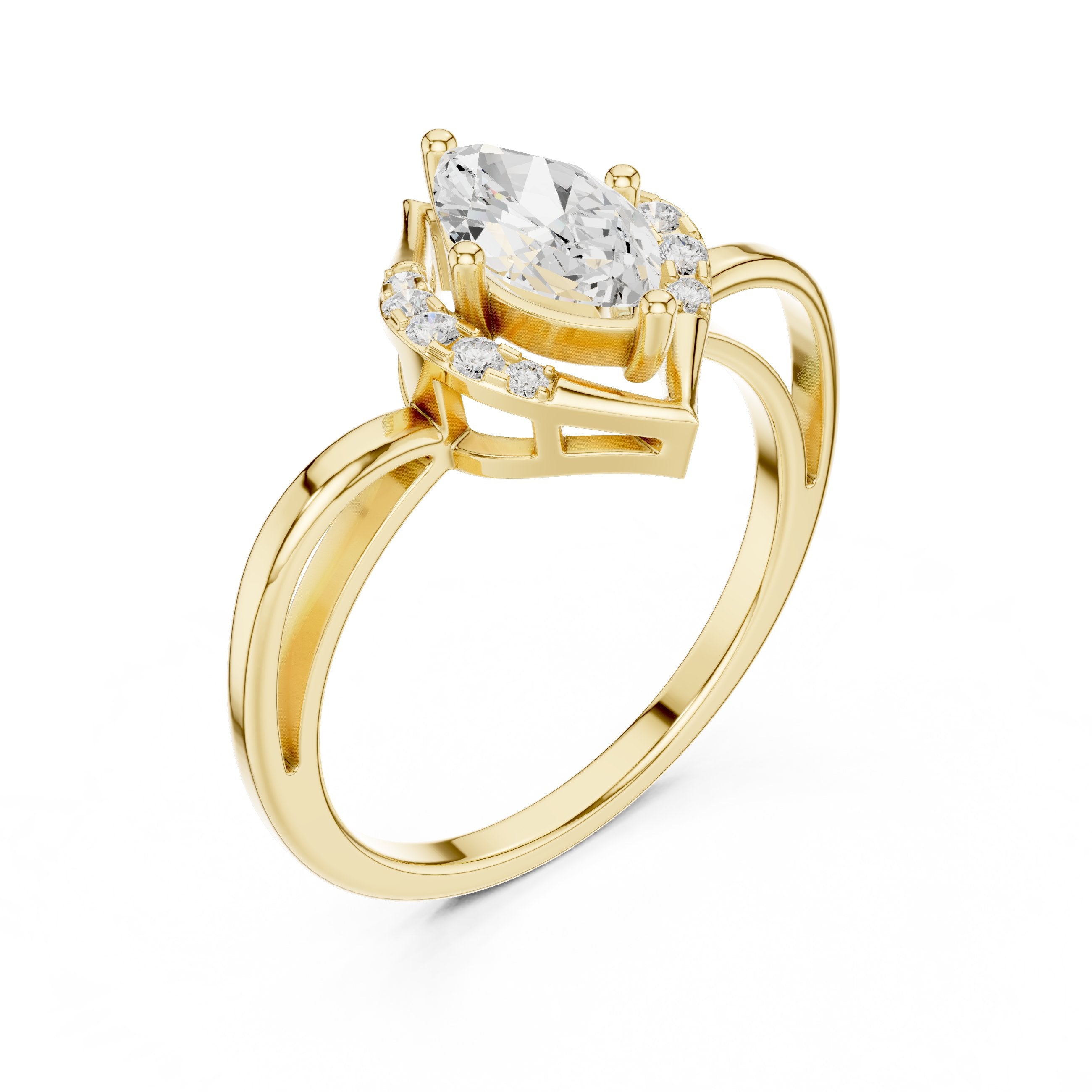 Marquise Cut Diamond-Shape Halo Engagement Ring in Yellow Gold - VYKA Diamonds