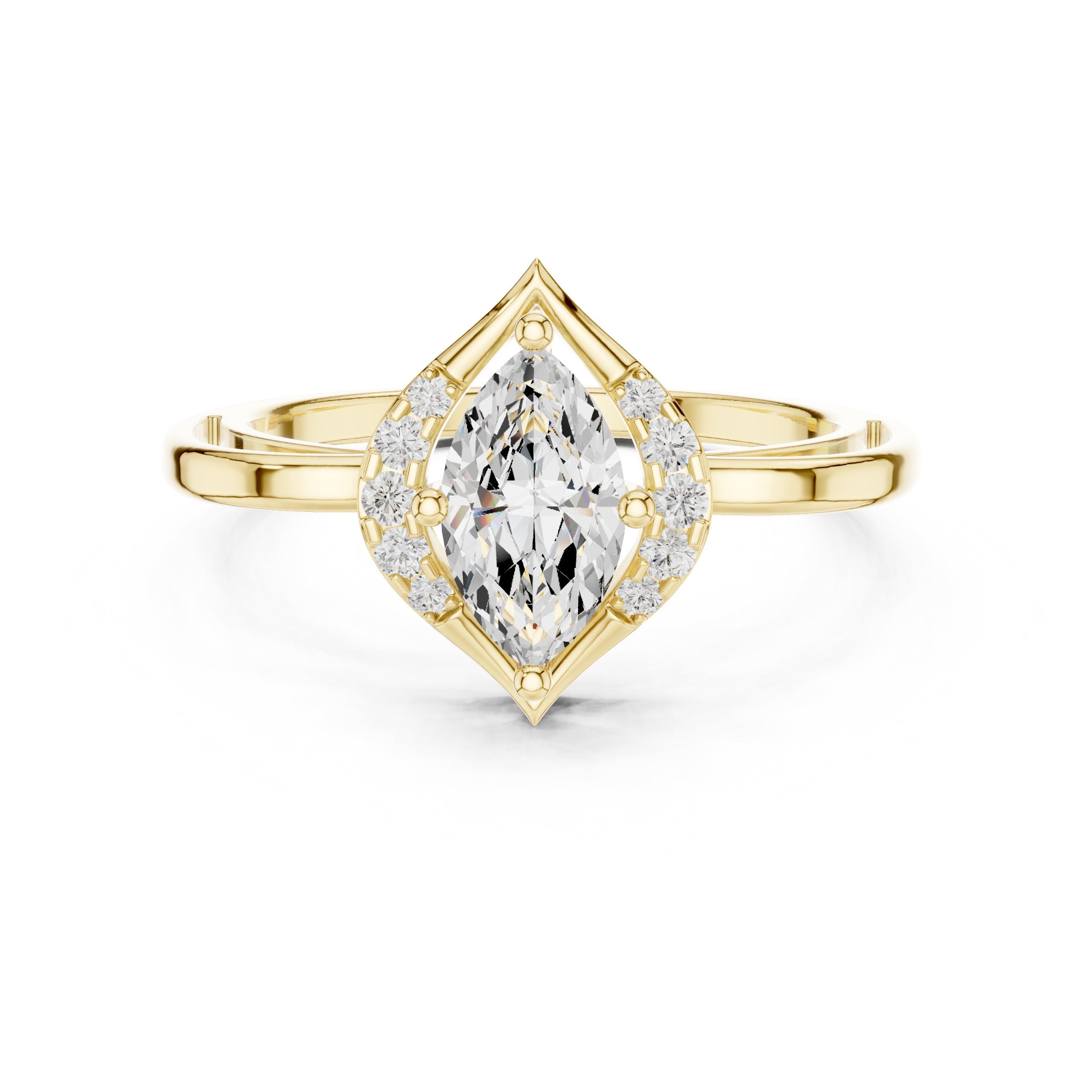 Marquise Cut Diamond-Shape Halo Engagement Ring in Yellow Gold - VYKA Diamonds