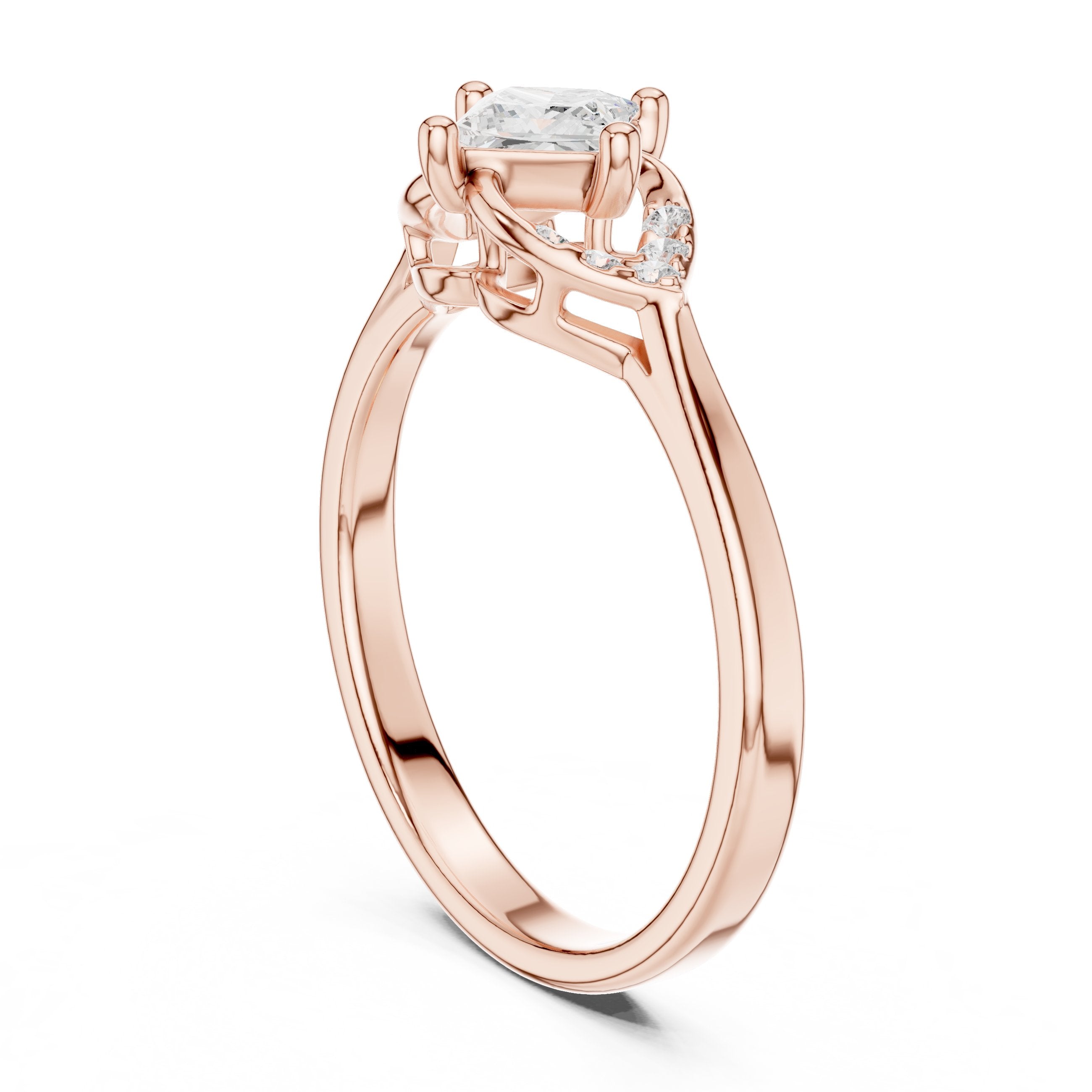 Princess Cut Diamond Leaf Accent Engagement Ring in Rose Gold - VYKA Diamonds