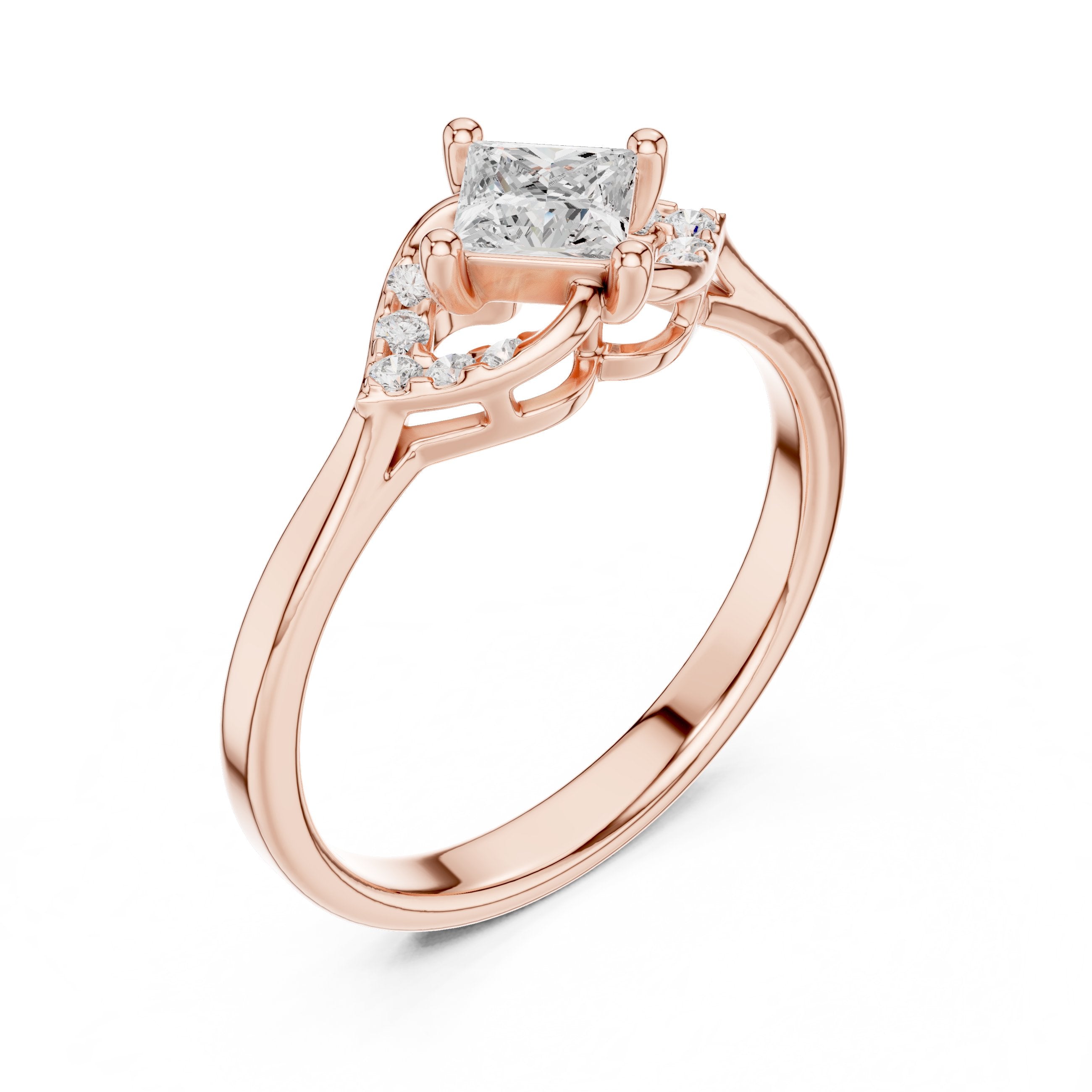 Princess Cut Diamond Leaf Accent Engagement Ring in Rose Gold - VYKA Diamonds