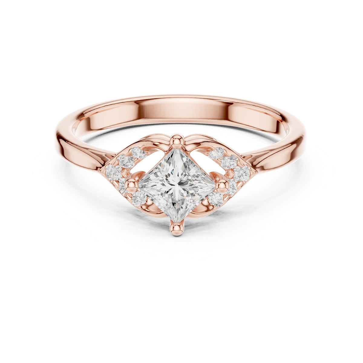 Princess Cut Diamond Leaf Accent Engagement Ring