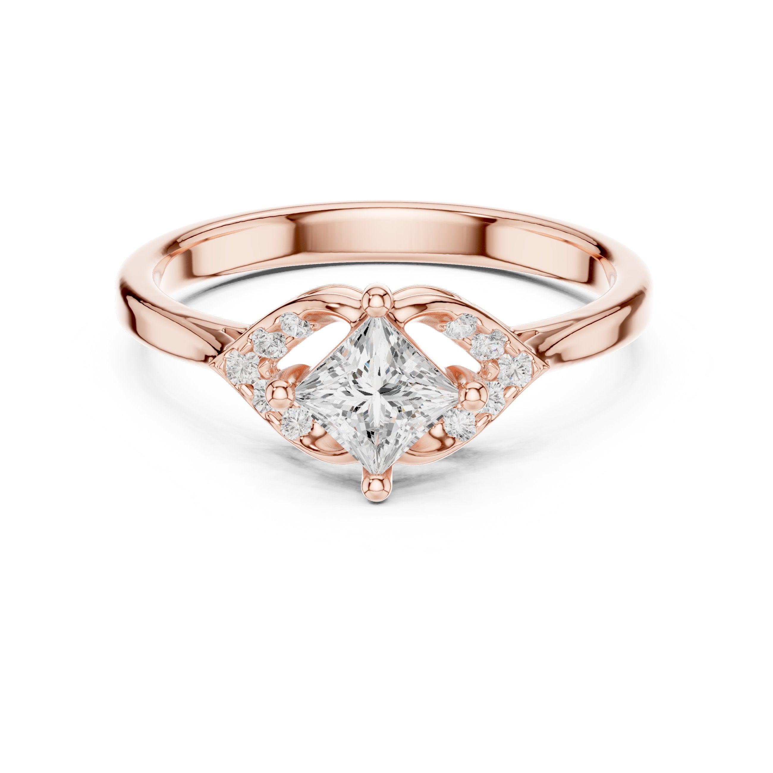 Princess Cut Diamond Leaf Accent Engagement Ring in Rose Gold - VYKA Diamonds