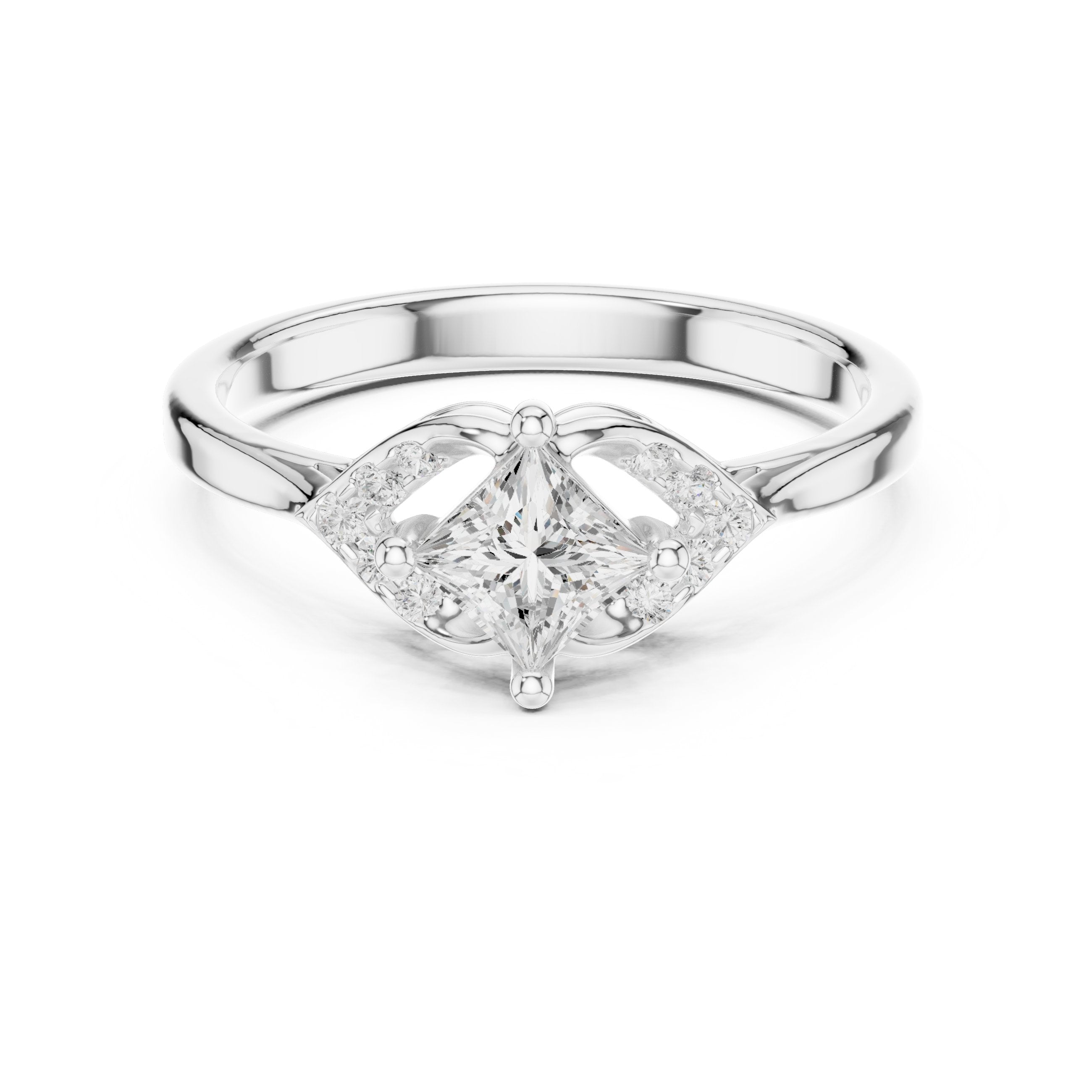 Princess Cut Diamond Leaf Accent Engagement Ring in White Gold - VYKA Diamonds