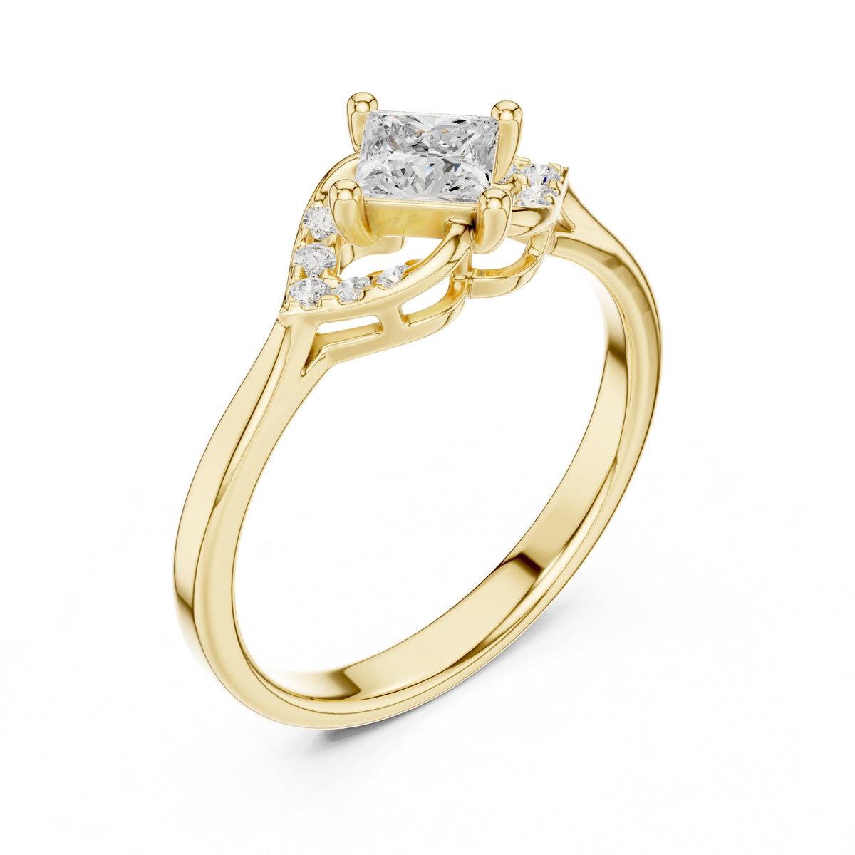 Princess Cut Diamond Leaf Accent Engagement Ring