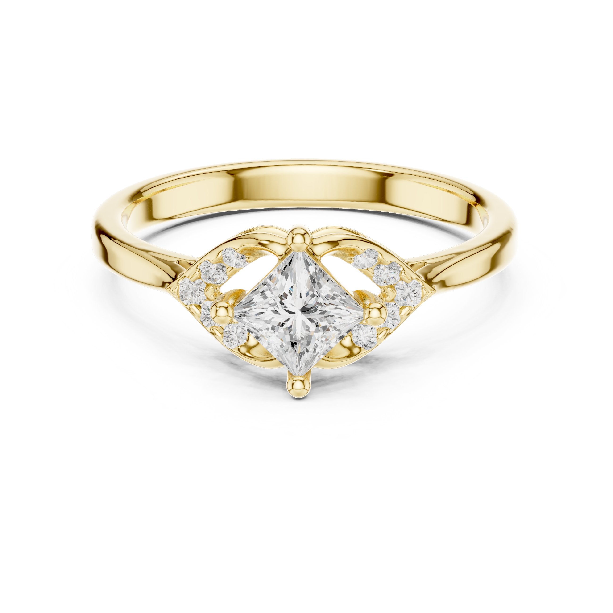 Princess Cut Diamond Leaf Accent Engagement Ring in Yellow Gold - VYKA Diamonds