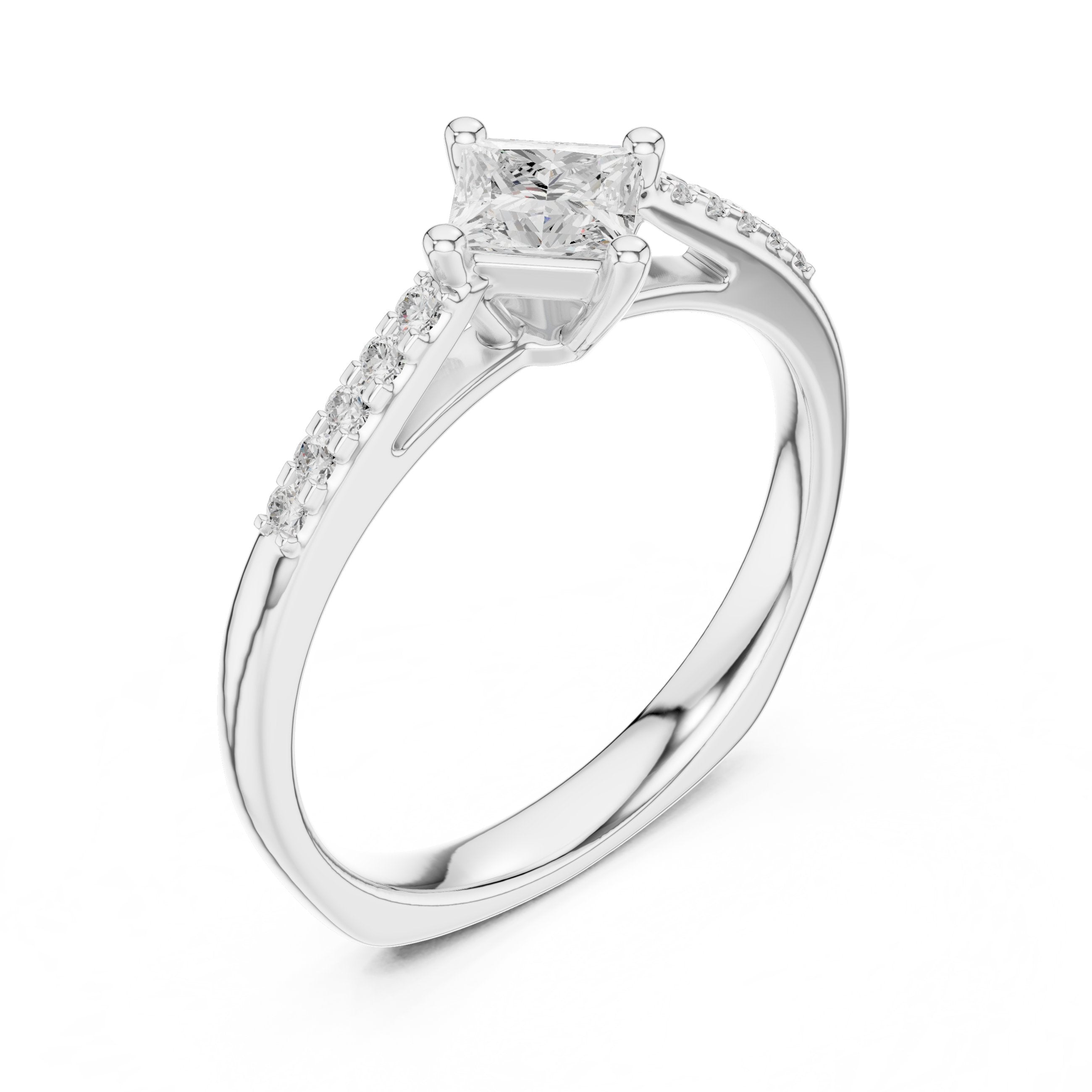 خاتم خطوبة بألماس أميري بوضعية معيّنية مع كتفَين بافيه in White Gold - VYKA Diamonds