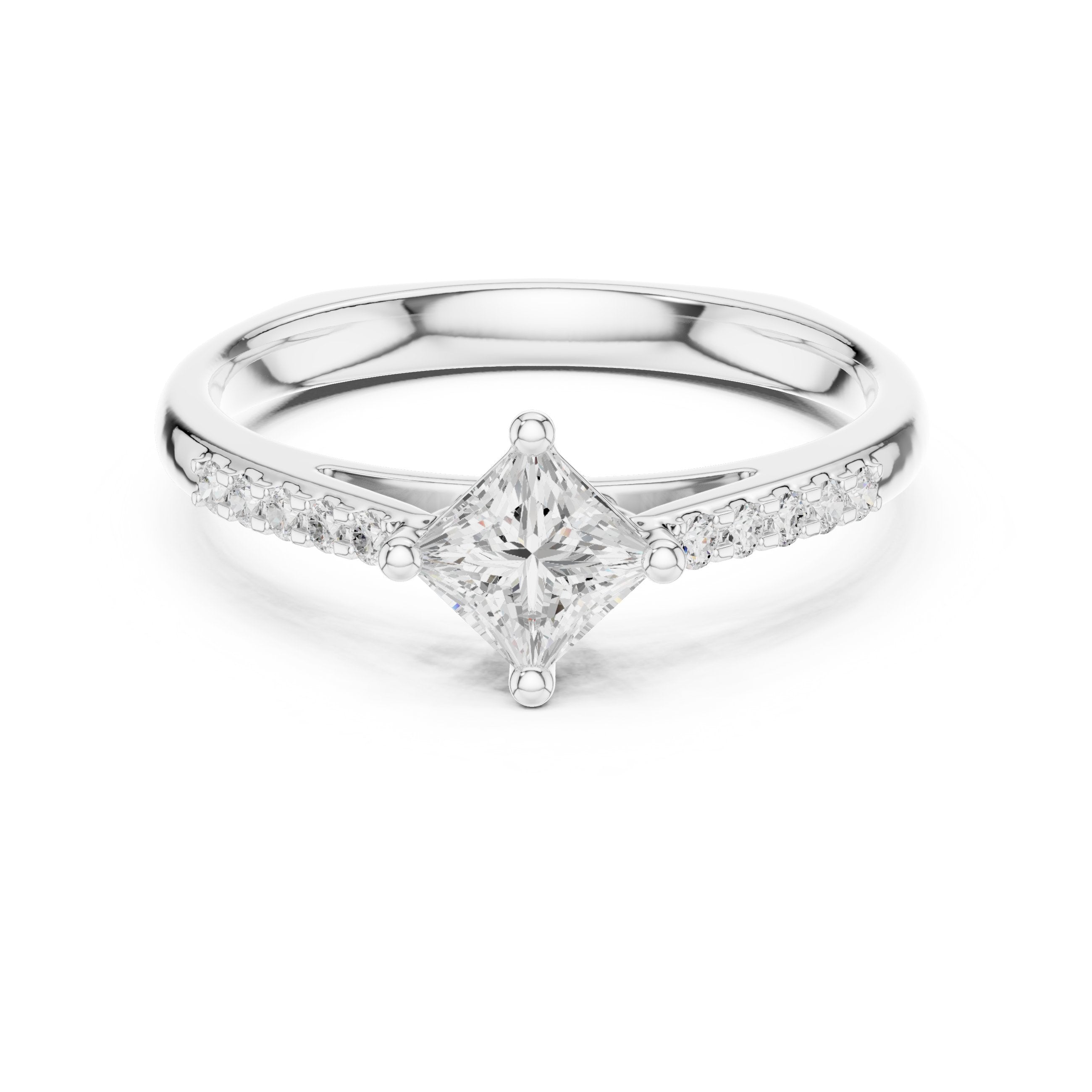 خاتم خطوبة بألماس أميري بوضعية معيّنية مع كتفَين بافيه in White Gold - VYKA Diamonds