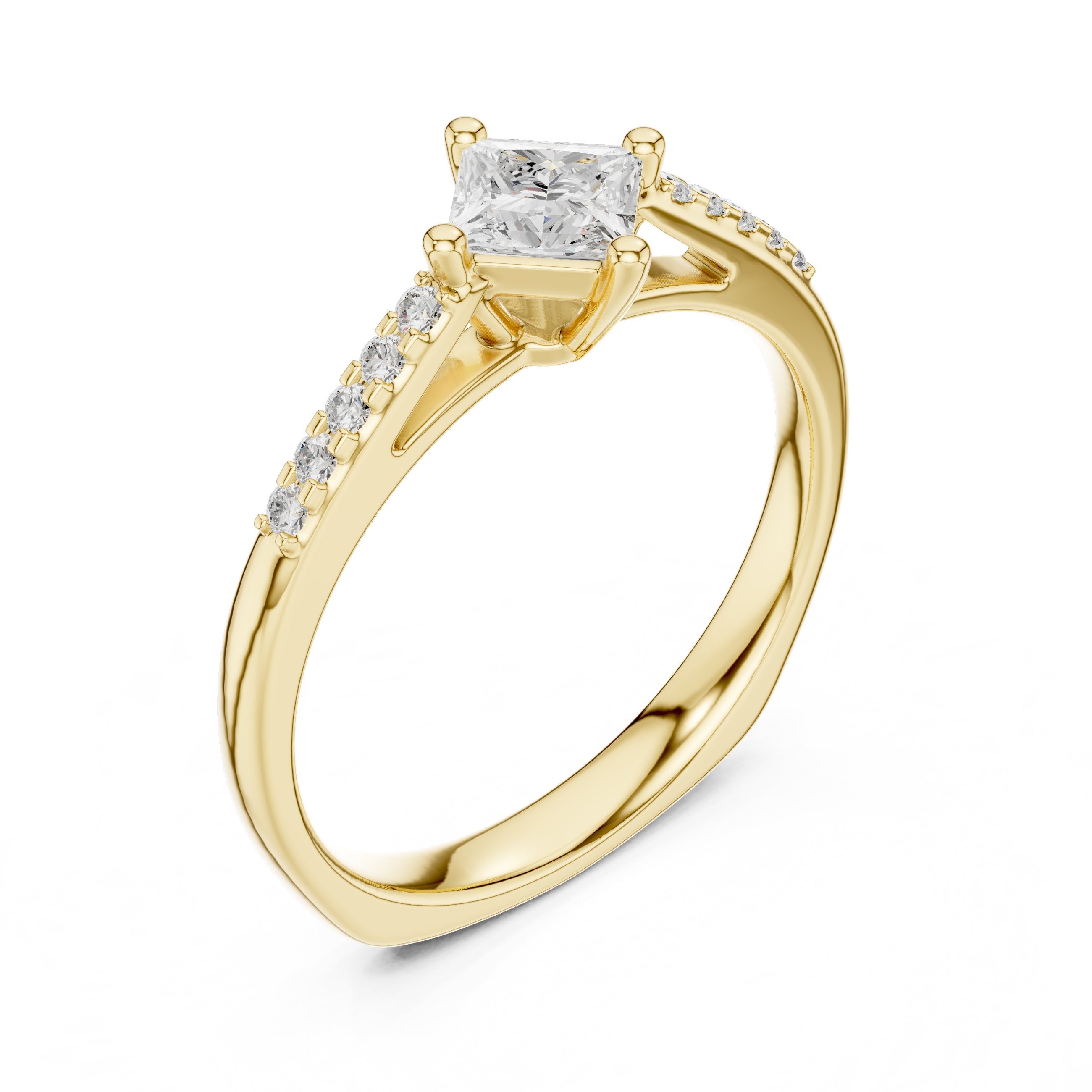 خاتم خطوبة بألماس أميري بوضعية معيّنية مع كتفَين بافيه in Yellow Gold - VYKA Diamonds