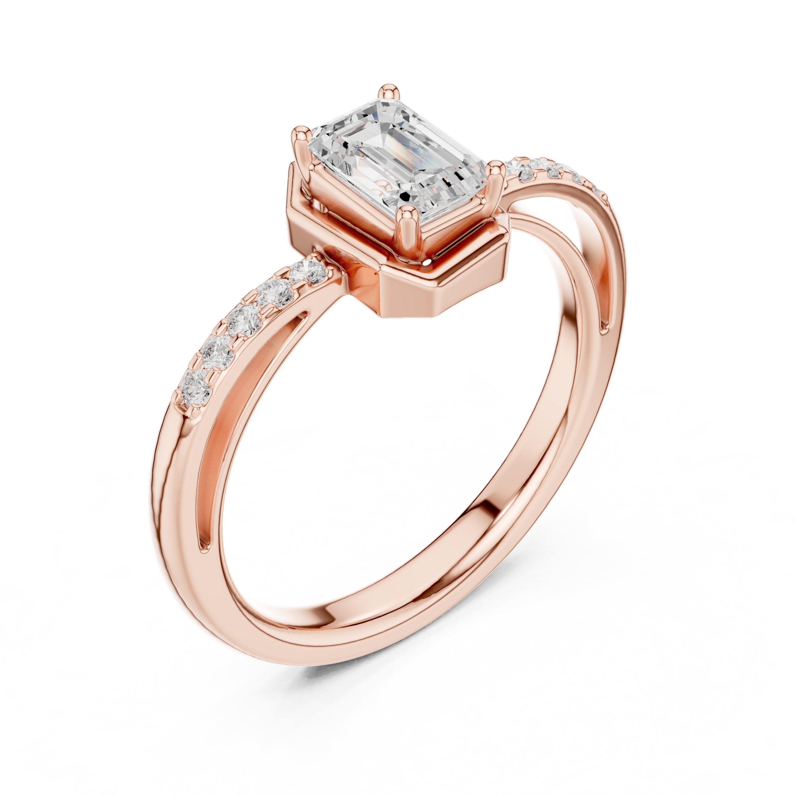 Bezel Emerald Cut Diamond Engagement Ring with Pavé Band in Rose Gold - VYKA Diamonds