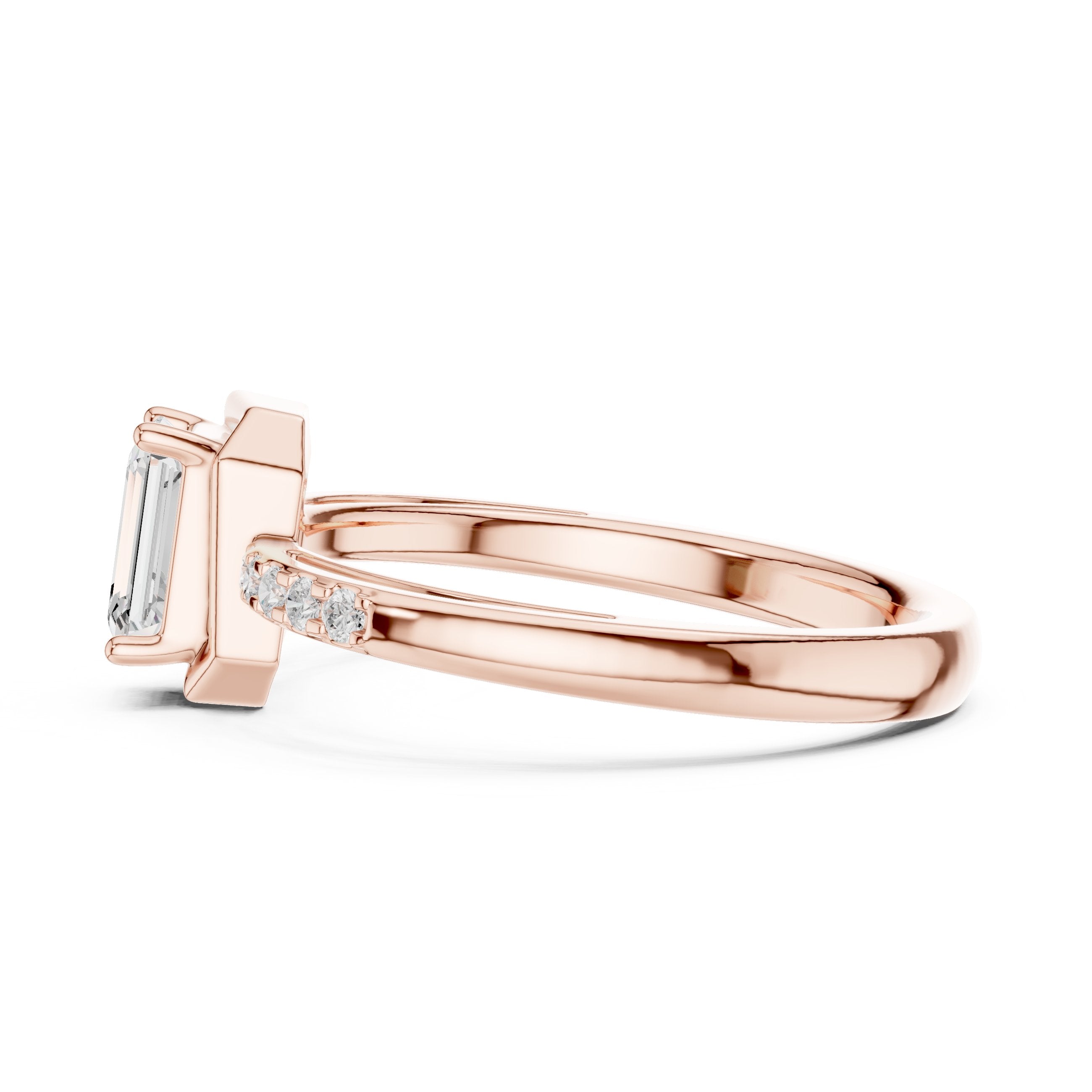 Bezel Emerald Cut Diamond Engagement Ring with Pavé Band in Rose Gold - VYKA Diamonds