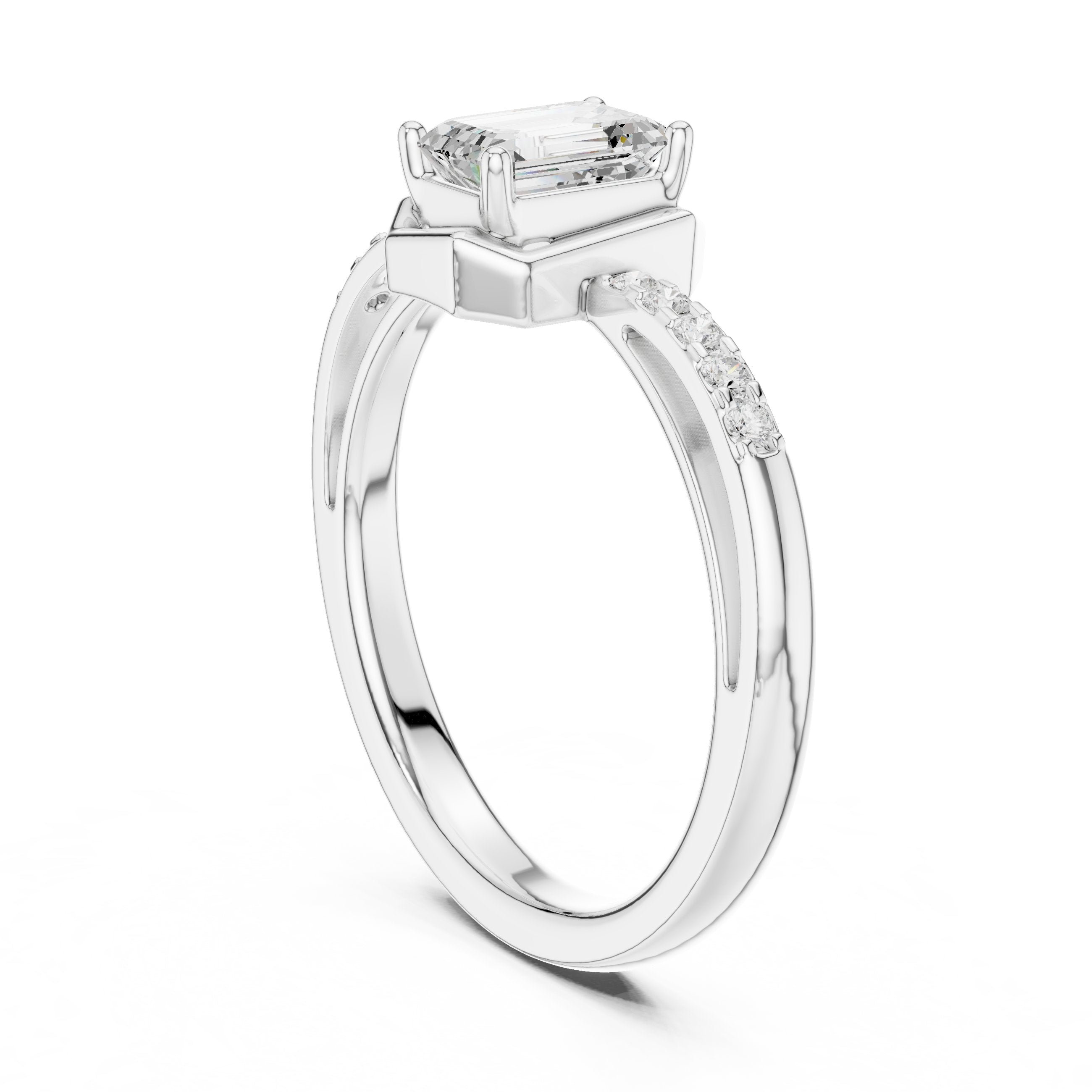 Bezel Emerald Cut Diamond Engagement Ring with Pavé Band in White Gold - VYKA Diamonds
