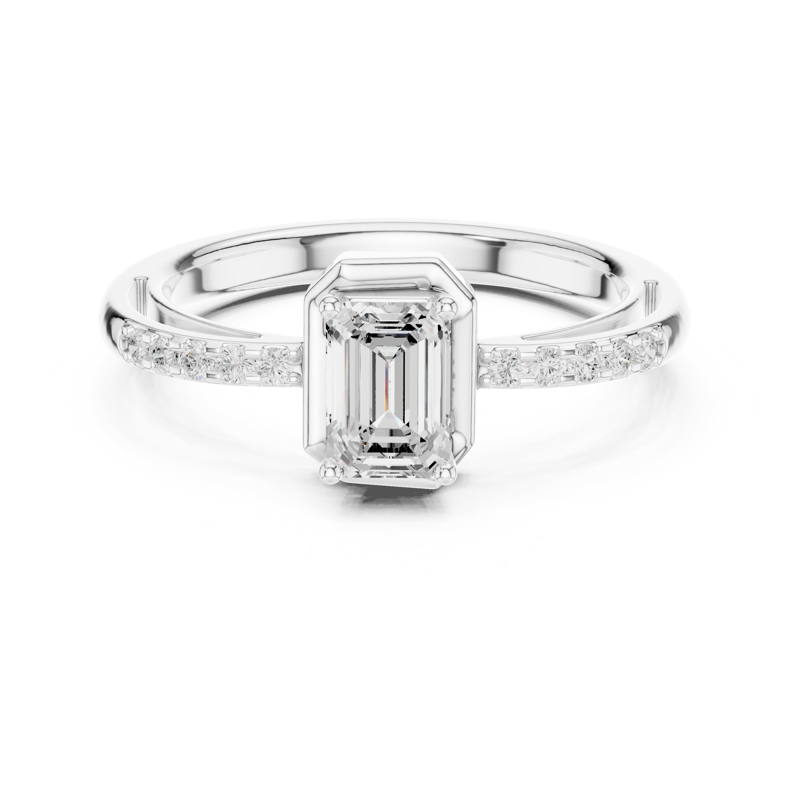 Bezel Emerald Cut Diamond Engagement Ring with Pavé Band in White Gold - VYKA Diamonds