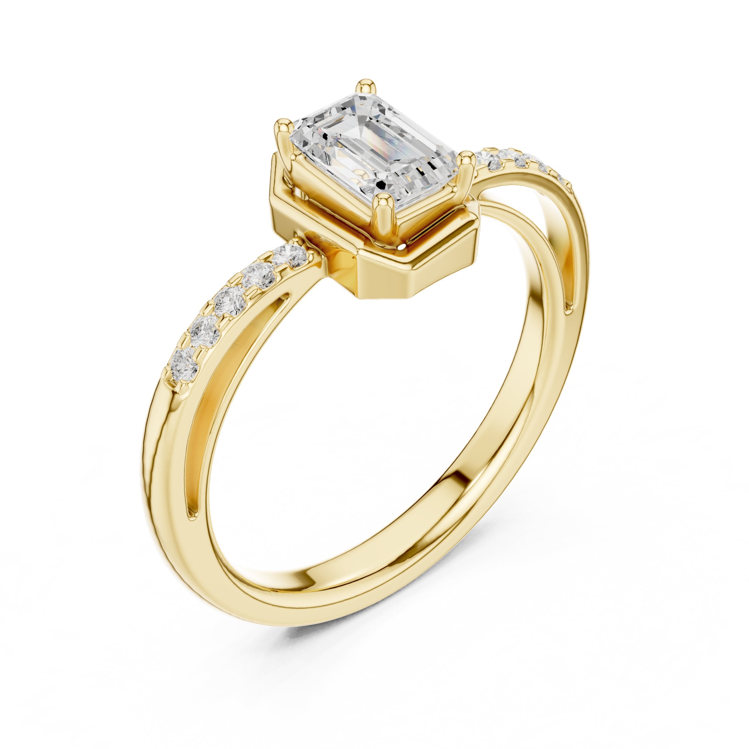 Bezel Emerald Cut Diamond Engagement Ring with Pavé Band in Yellow Gold - VYKA Diamonds