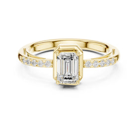 Bezel Emerald Cut Diamond Engagement Ring with Pavé Band