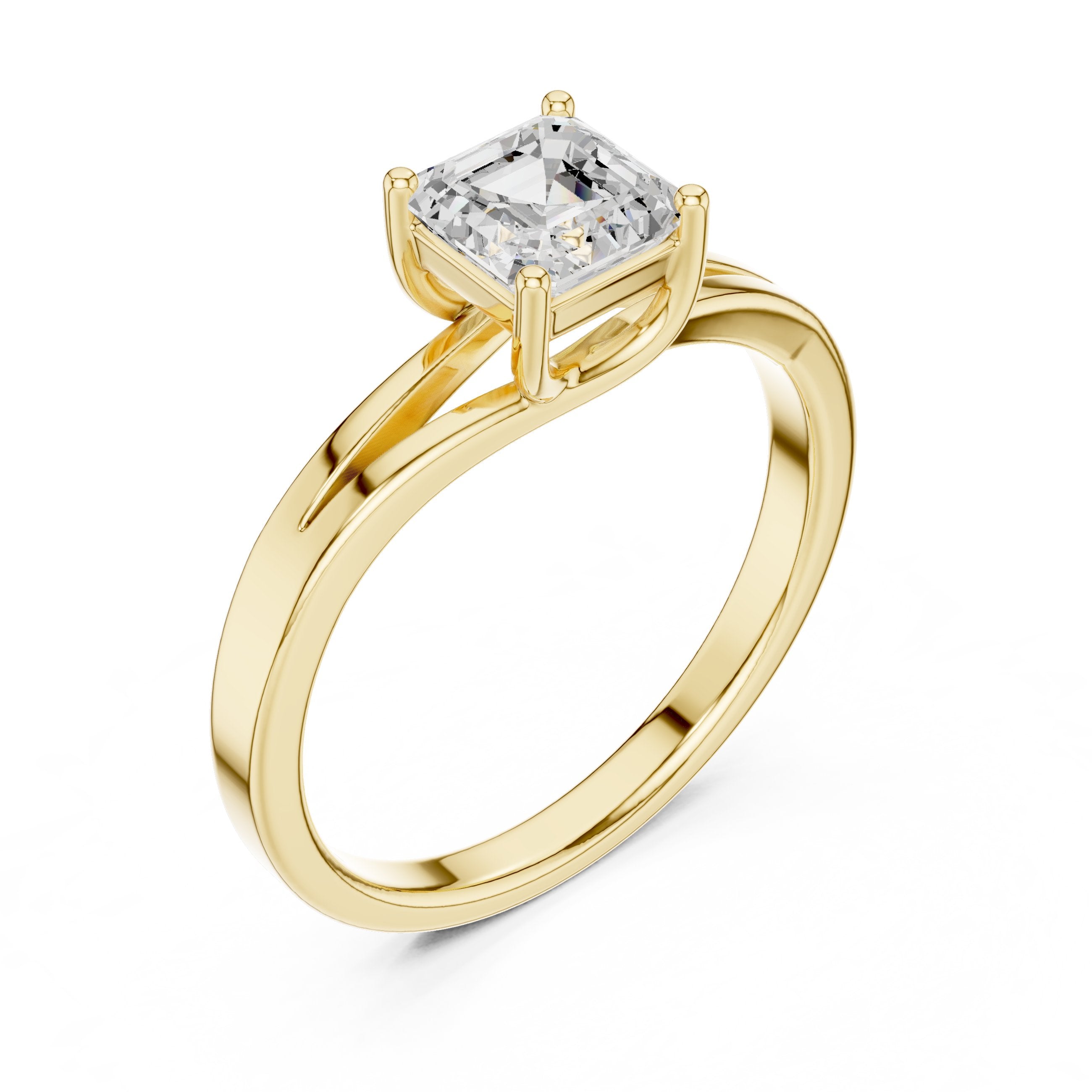 Asscher Cut Split Shank Solitaire Engagement Ring in Yellow Gold - VYKA Diamonds