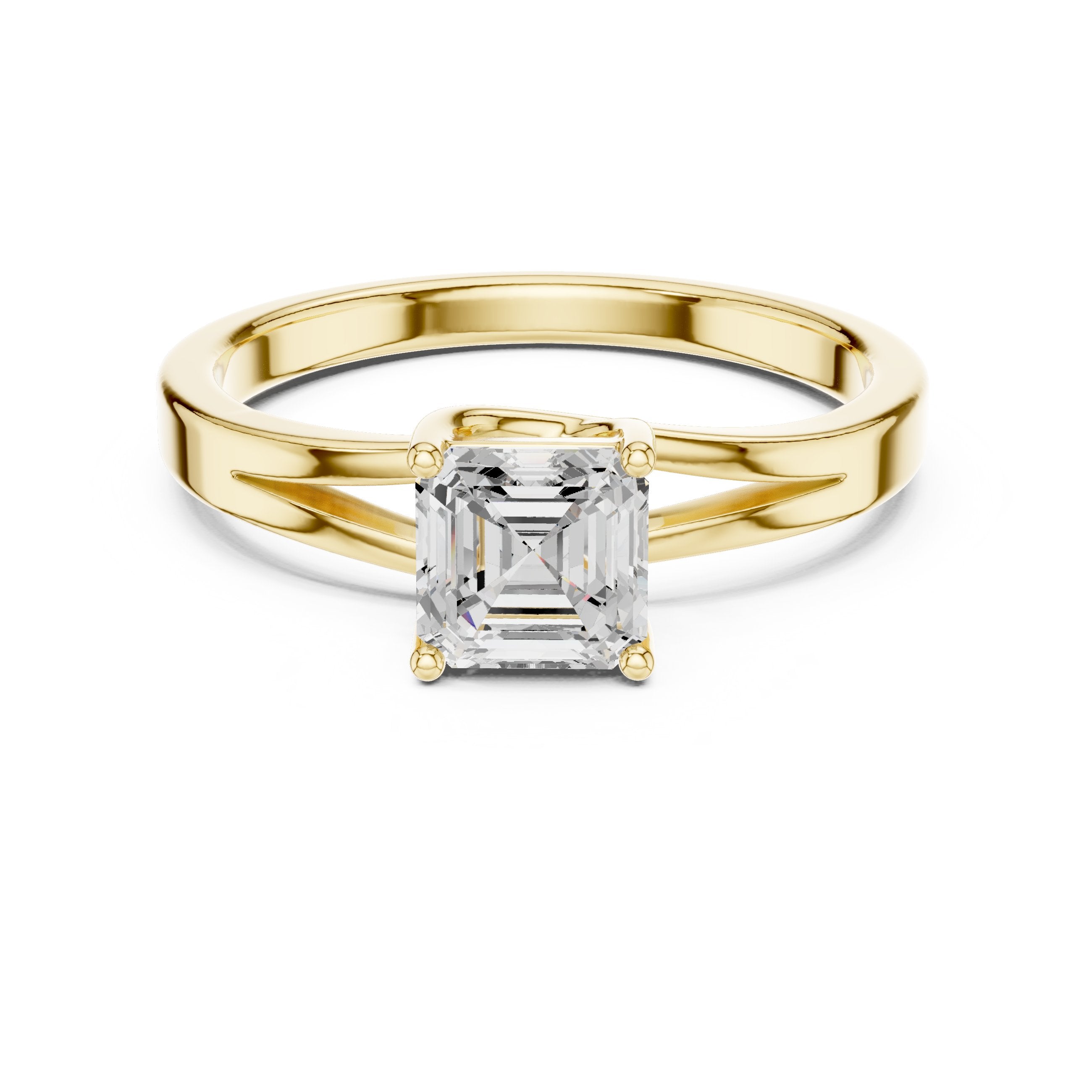 Asscher Cut Split Shank Solitaire Engagement Ring in Yellow Gold - VYKA Diamonds
