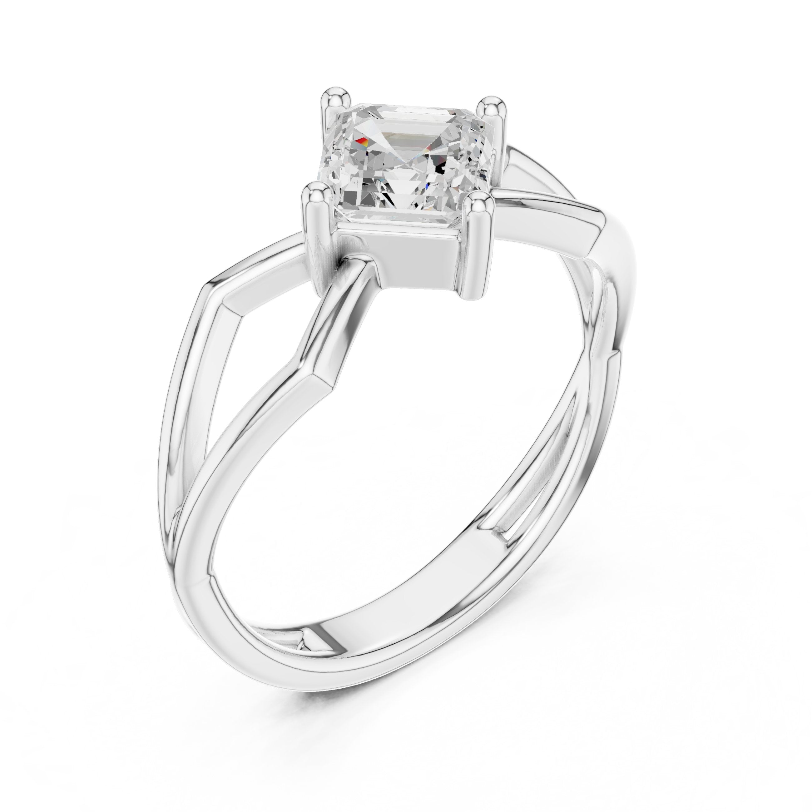 Asscher Cut Solitaire Engagement Ring with Lattice Split Shank in White Gold - VYKA Diamonds
