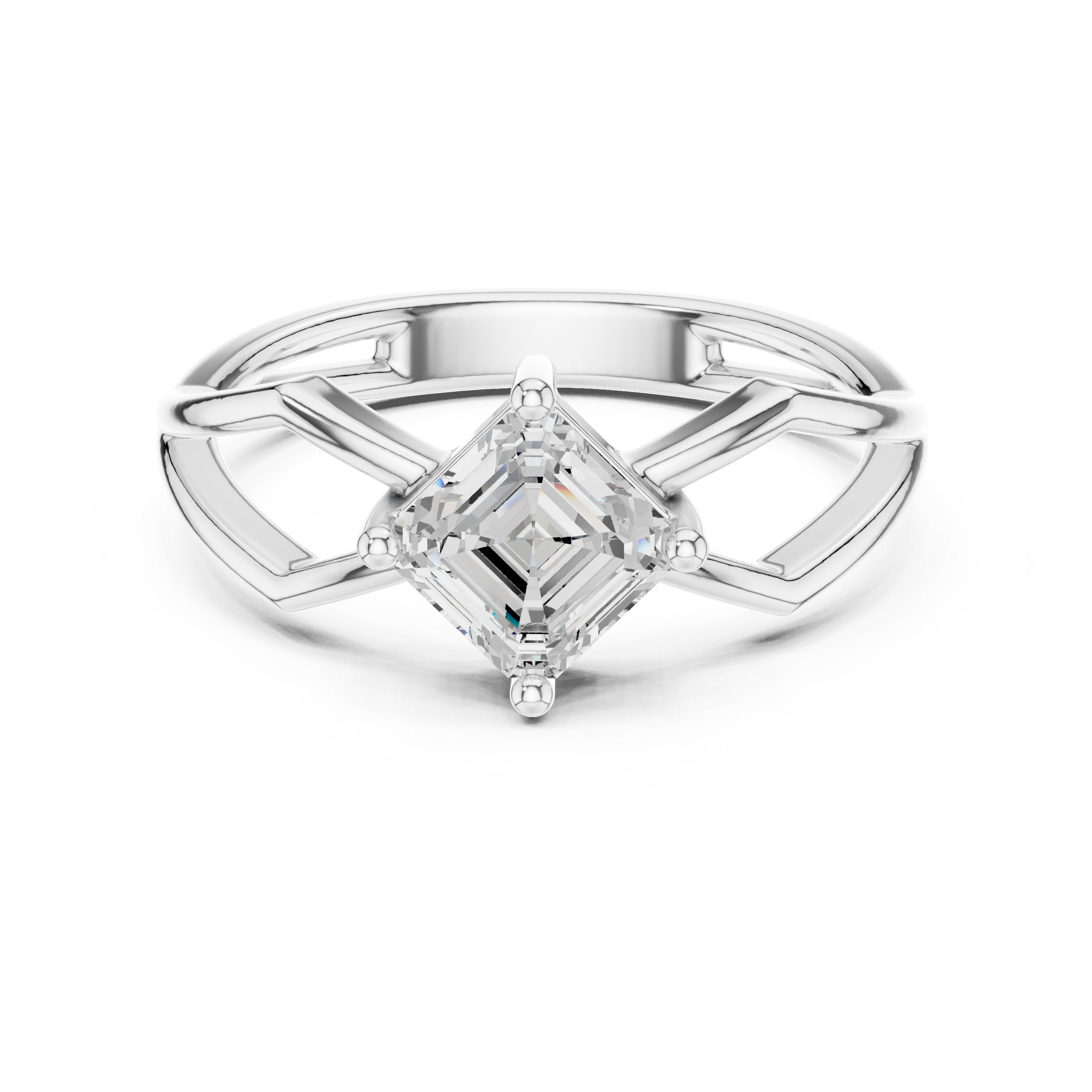 Asscher Cut Solitaire Engagement Ring with Lattice Split Shank in White Gold - VYKA Diamonds