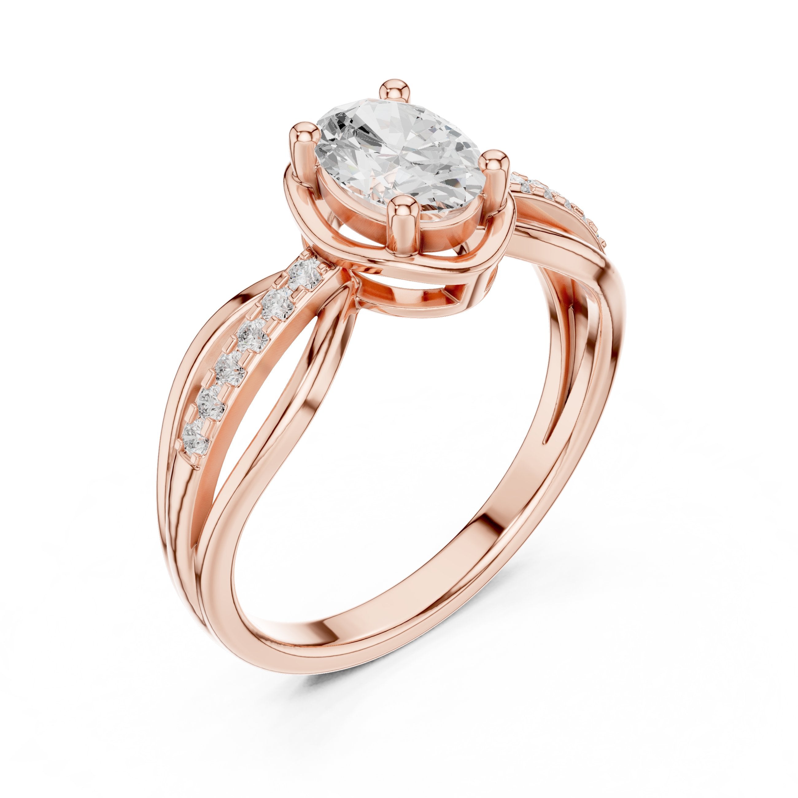 Oval Diamond Engagement Ring with Crossover Split Shank and Pavé Band in Rose Gold - VYKA Diamonds