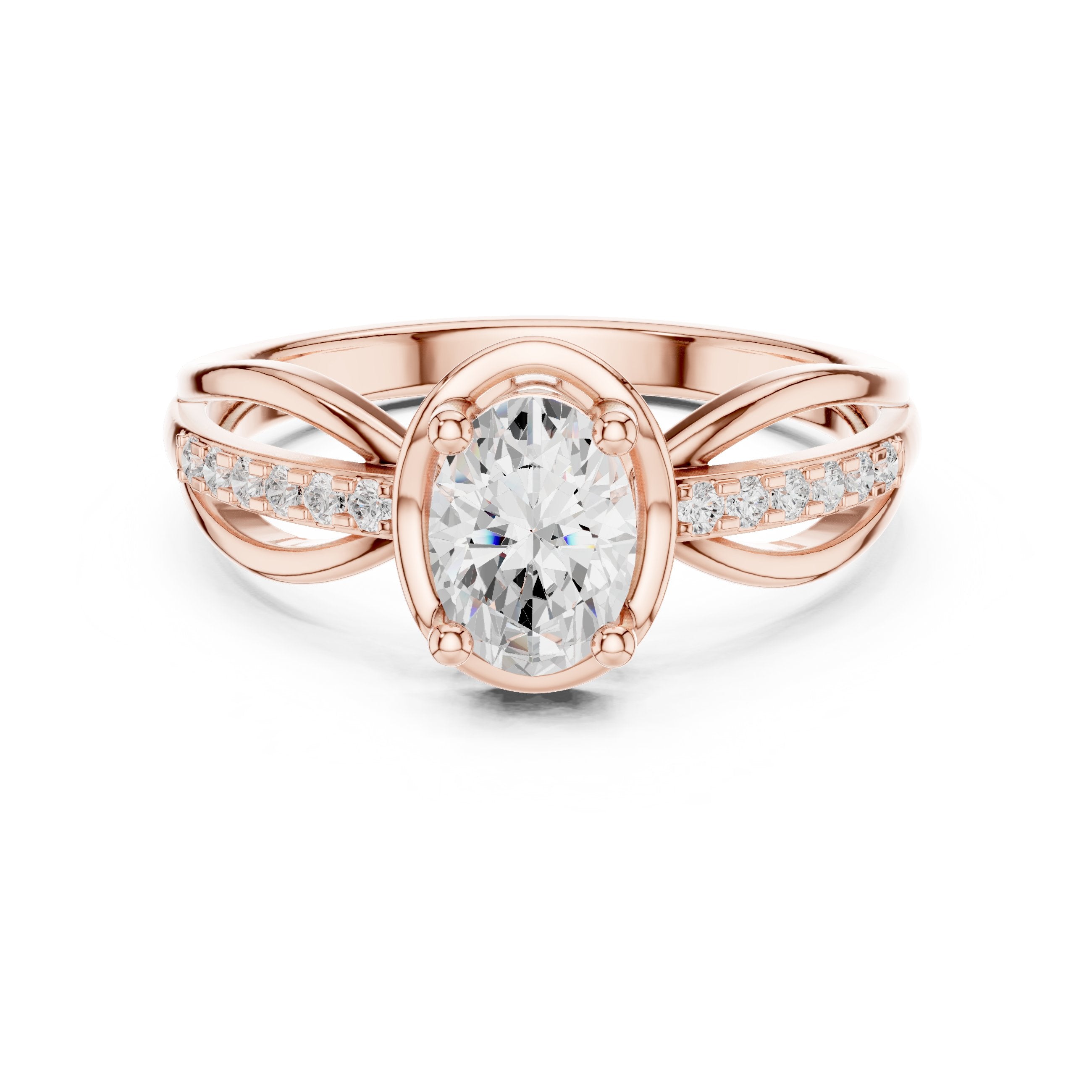 Oval Diamond Engagement Ring with Crossover Split Shank and Pavé Band in Rose Gold - VYKA Diamonds
