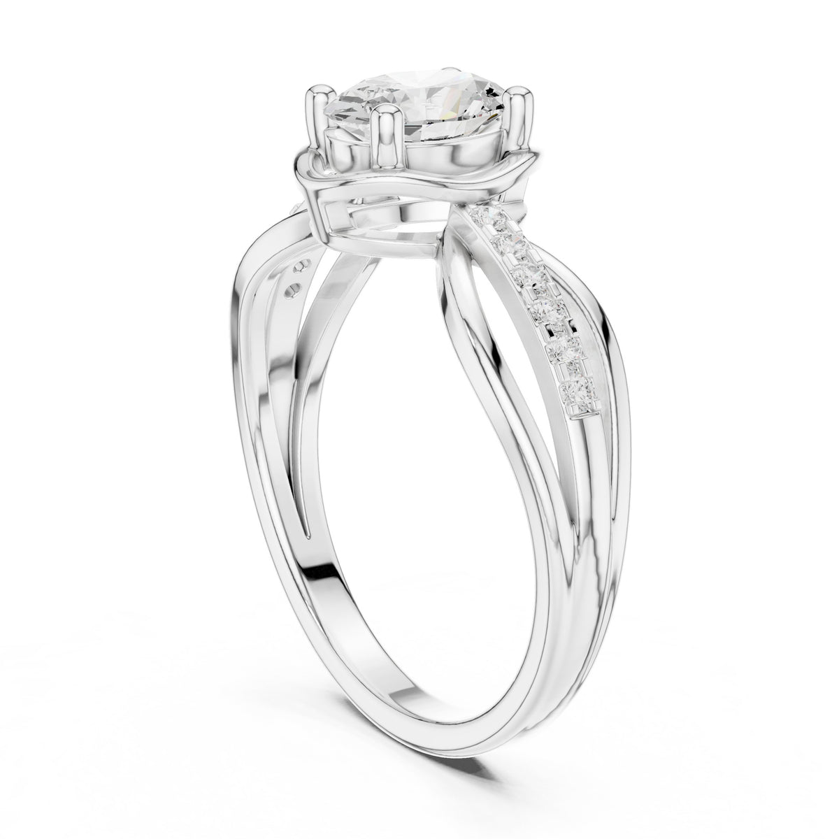 Oval Diamond Engagement Ring with Crossover Split Shank and Pavé Band