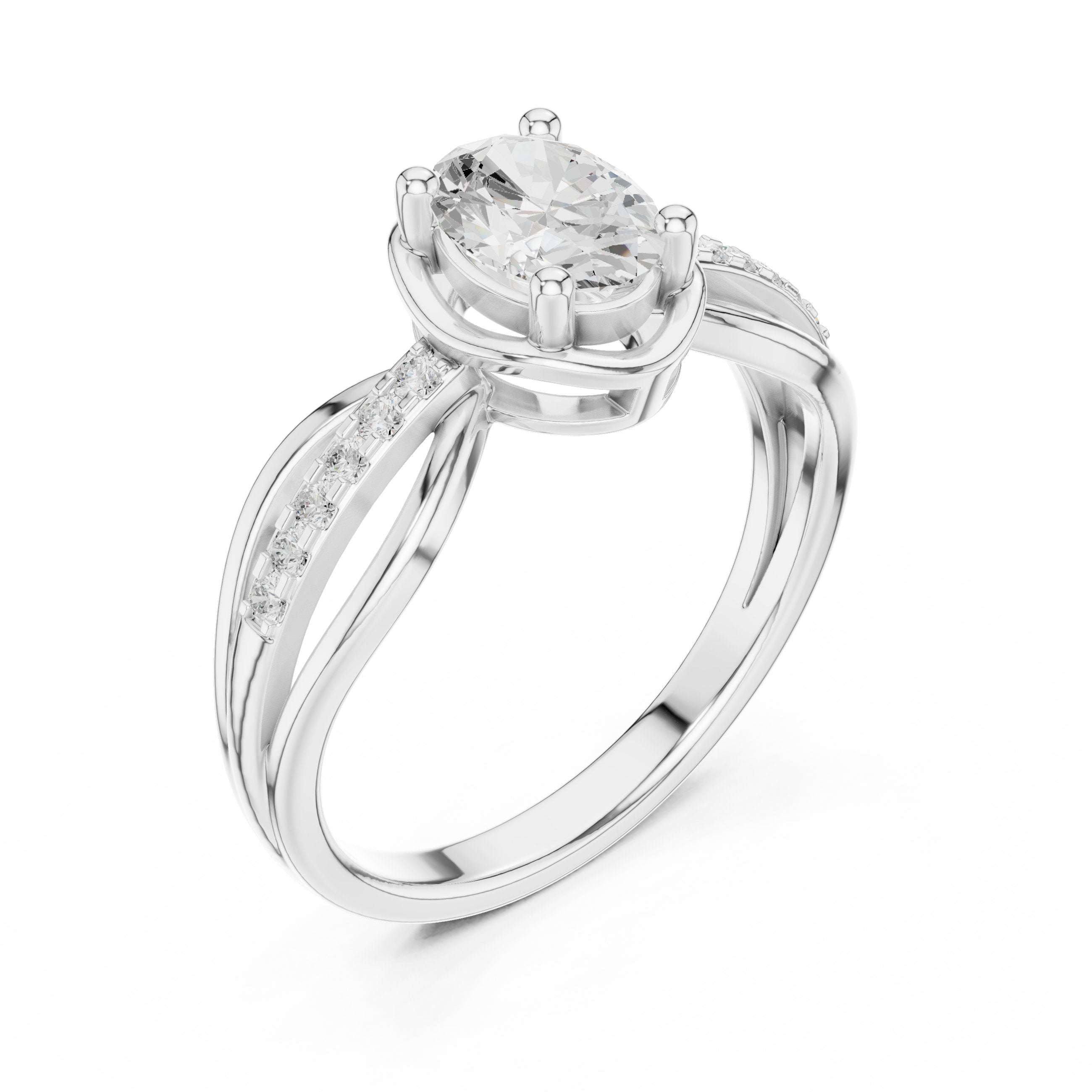 Oval Diamond Engagement Ring with Crossover Split Shank and Pavé Band in White Gold - VYKA Diamonds