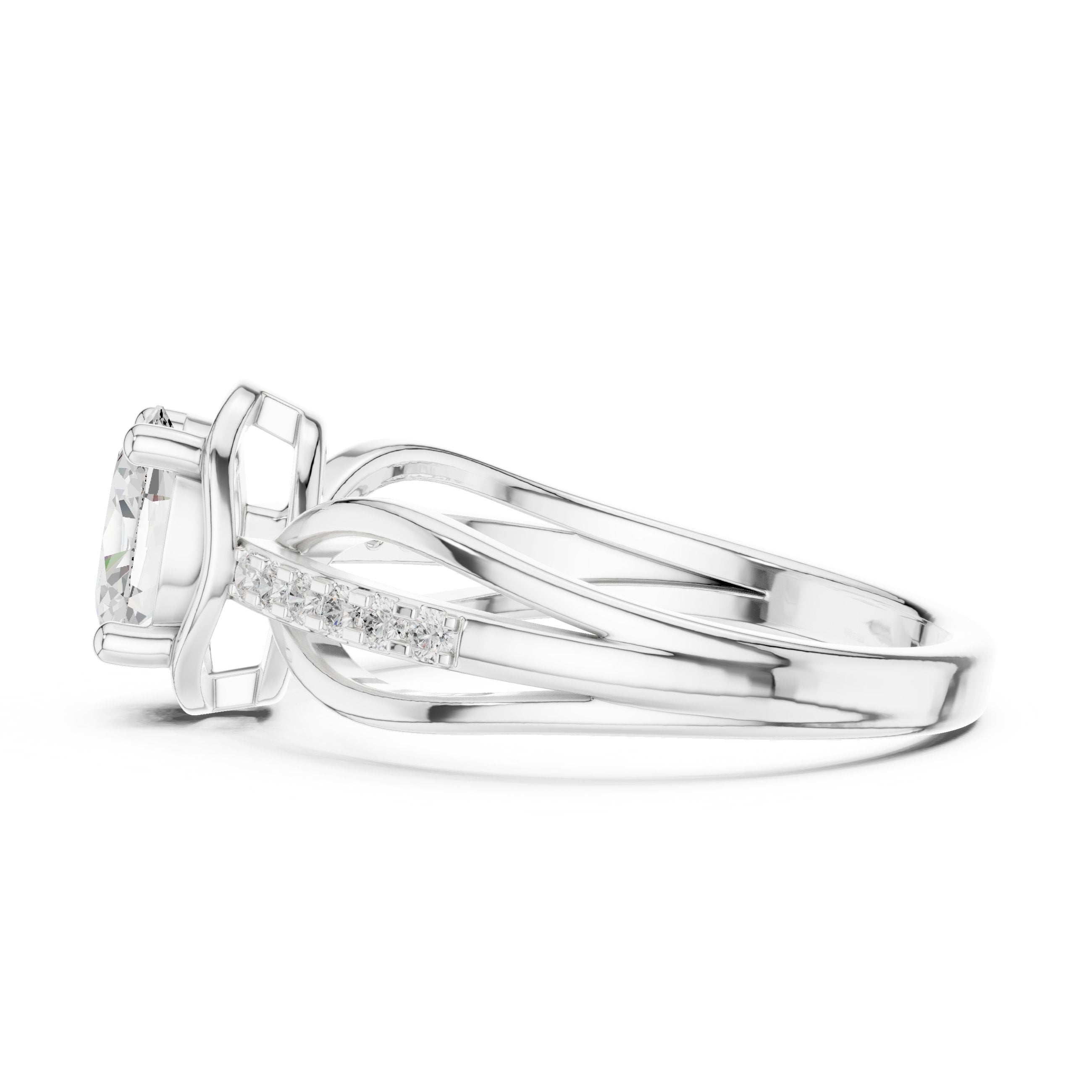 Oval Diamond Engagement Ring with Crossover Split Shank and Pavé Band in White Gold - VYKA Diamonds