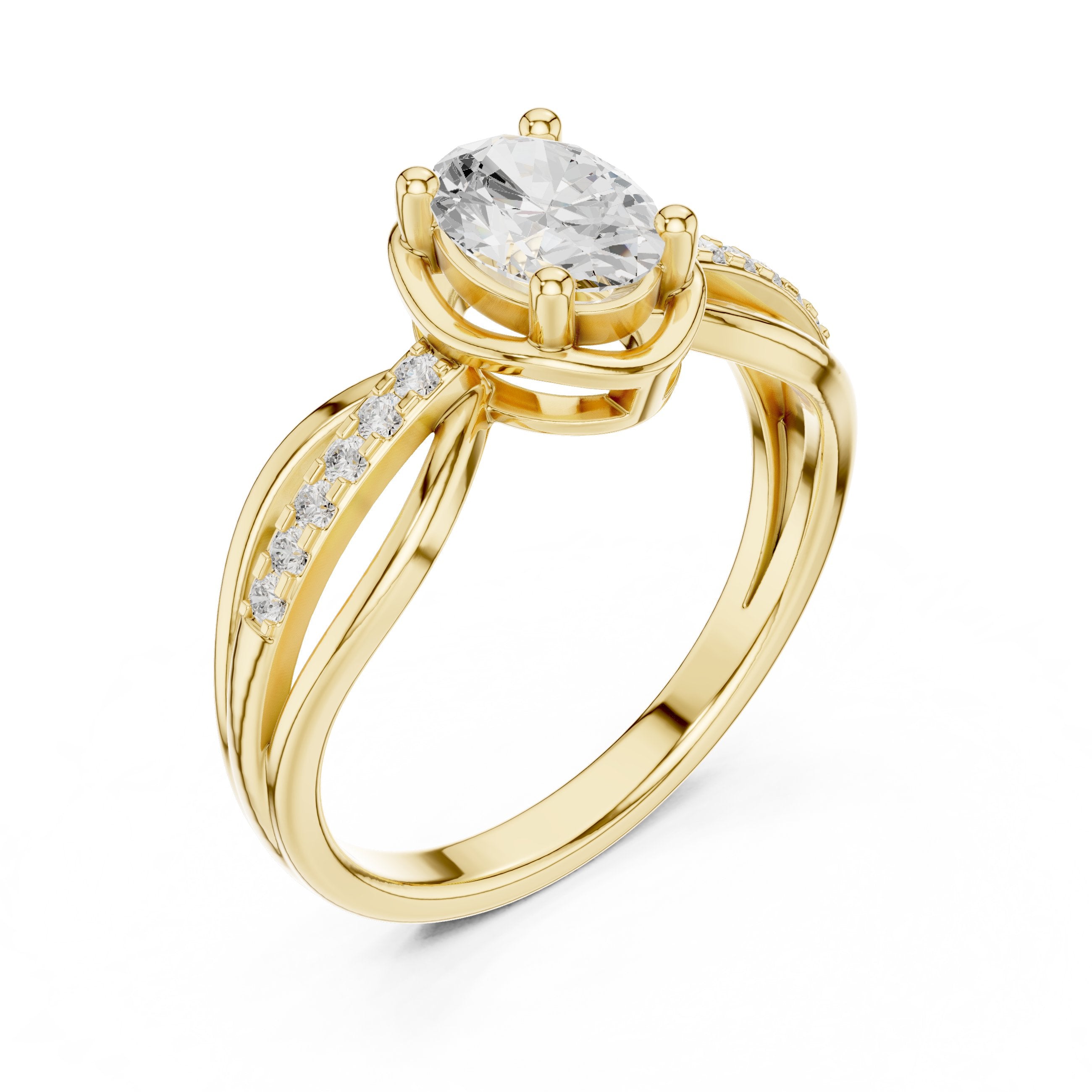 Oval Diamond Engagement Ring with Crossover Split Shank and Pavé Band in Yellow Gold - VYKA Diamonds