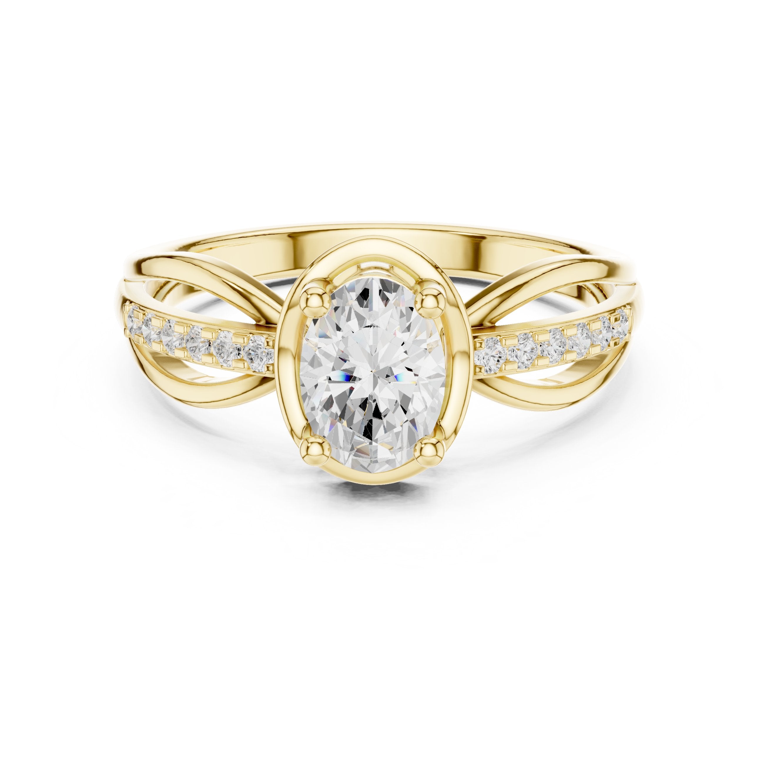 Oval Diamond Engagement Ring with Crossover Split Shank and Pavé Band in Yellow Gold - VYKA Diamonds
