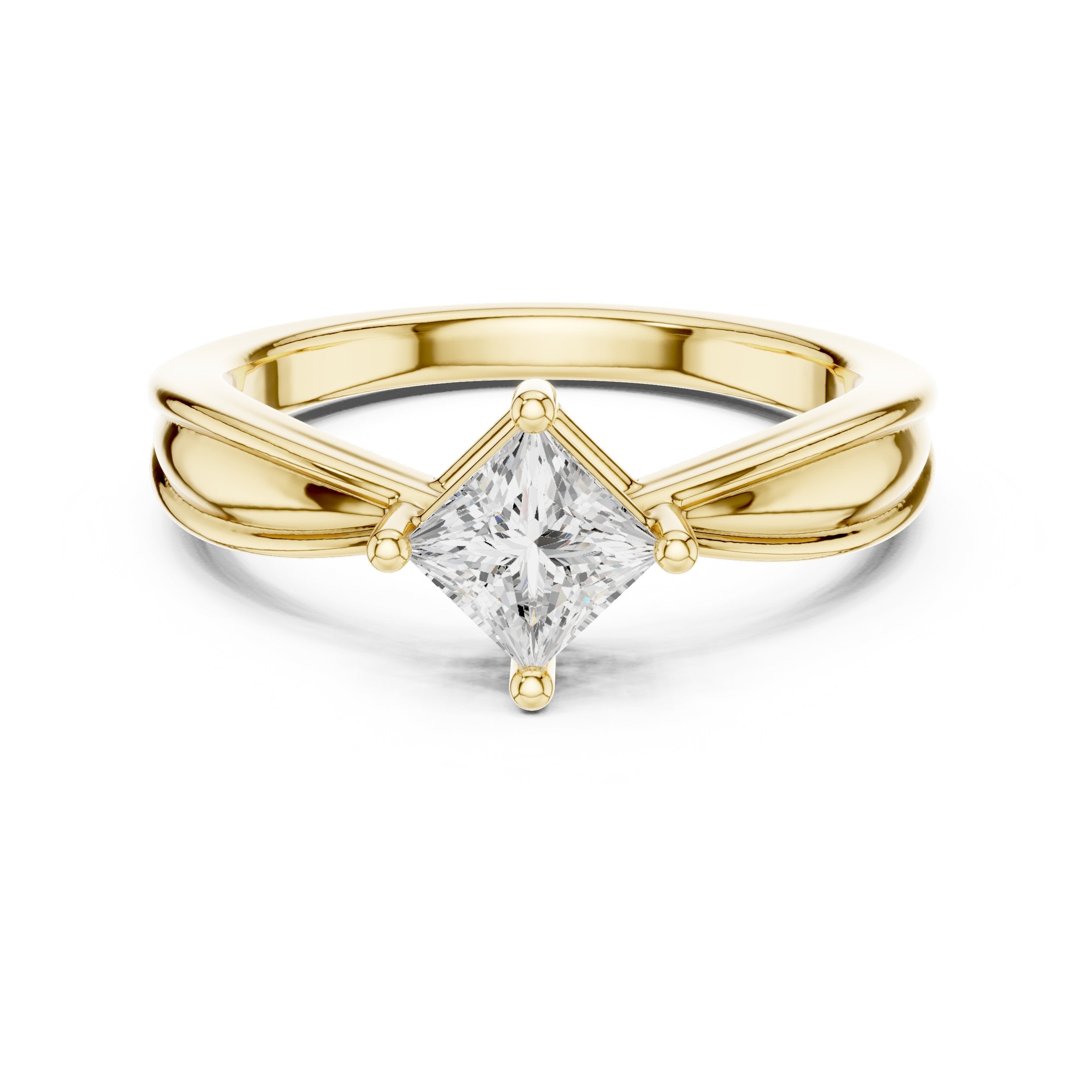 Kite Princess Cut Solitaire Engagement Ring with Split Shank in Yellow Gold - VYKA Diamonds