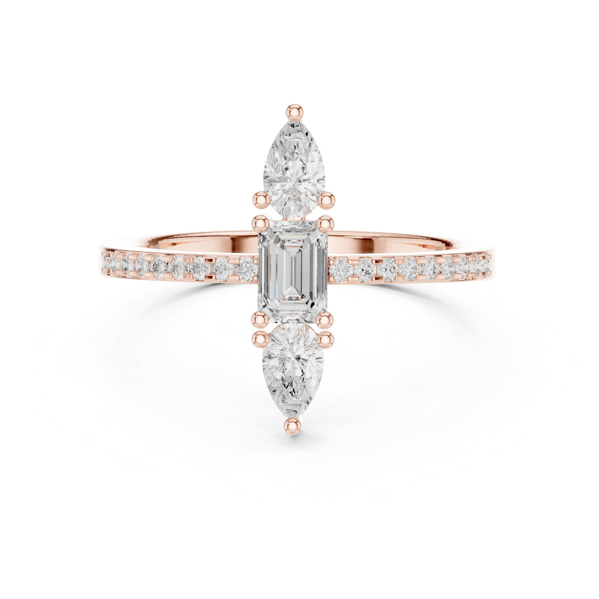 Emerald and Pear Vertical Three Stone Engagement Ring with Pavé Band