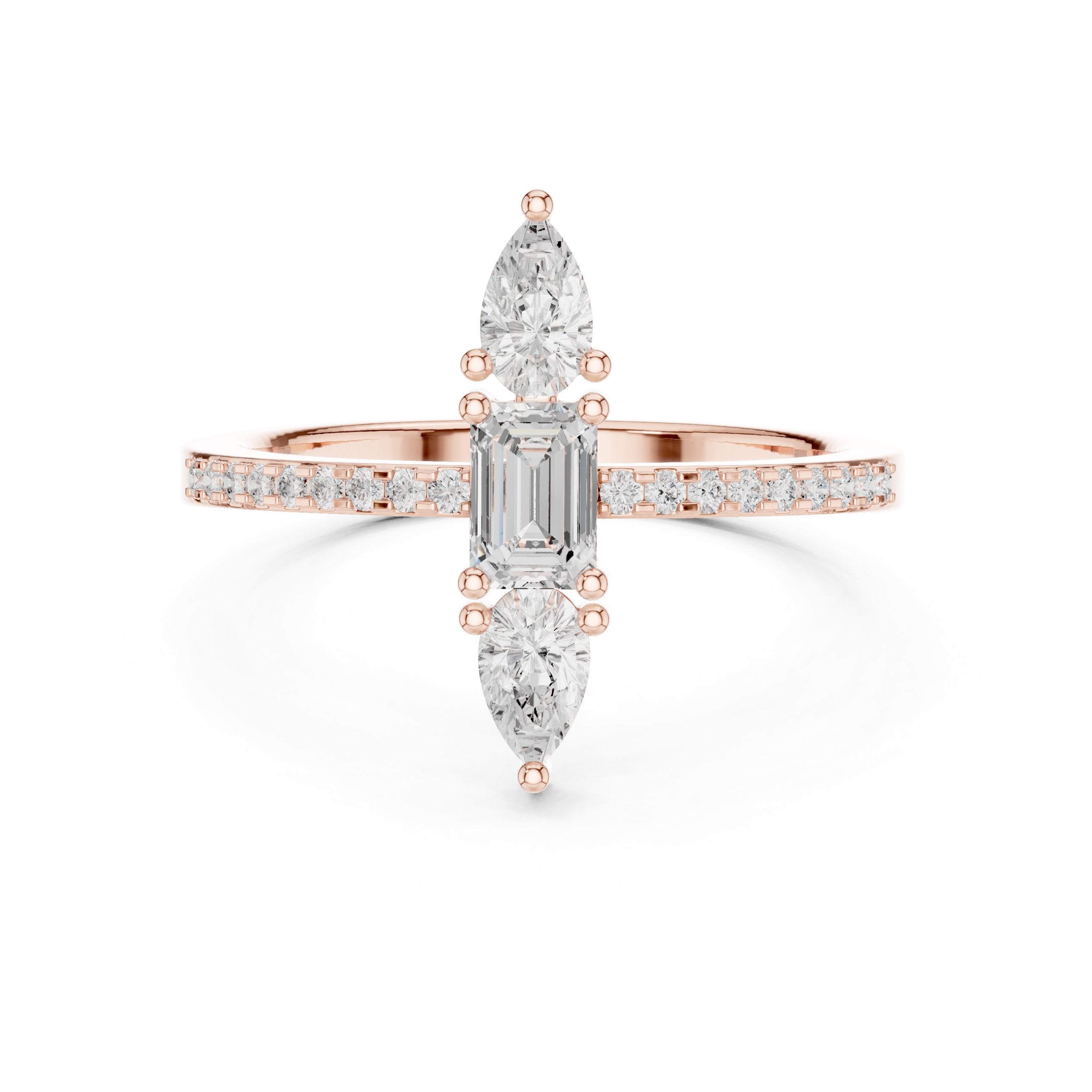 Emerald and Pear Vertical Three Stone Engagement Ring with Pavé Band in Rose Gold - VYKA Diamonds