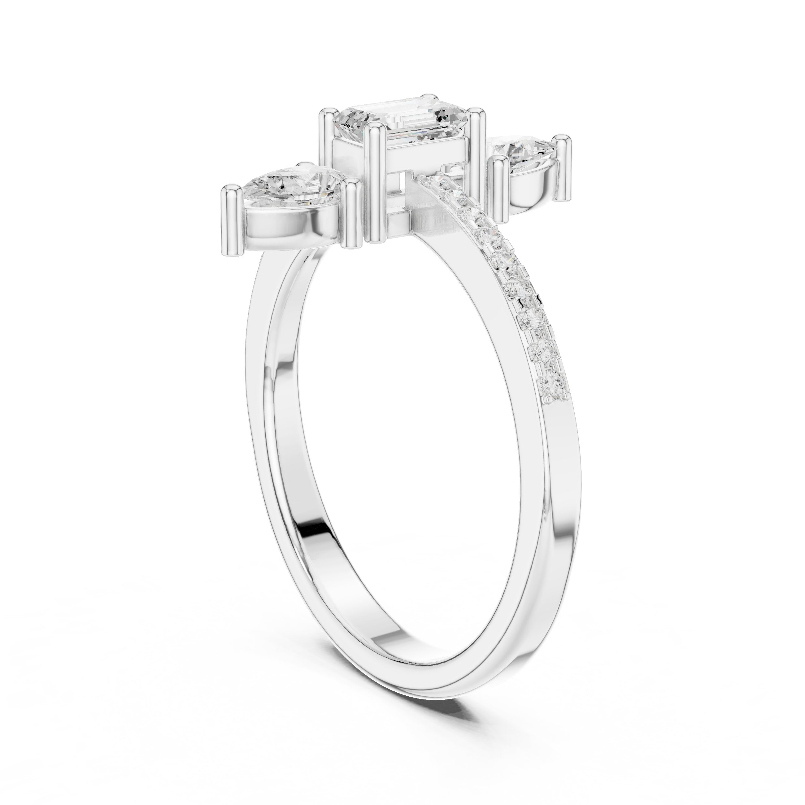 Emerald and Pear Vertical Three Stone Engagement Ring with Pavé Band in White Gold - VYKA Diamonds