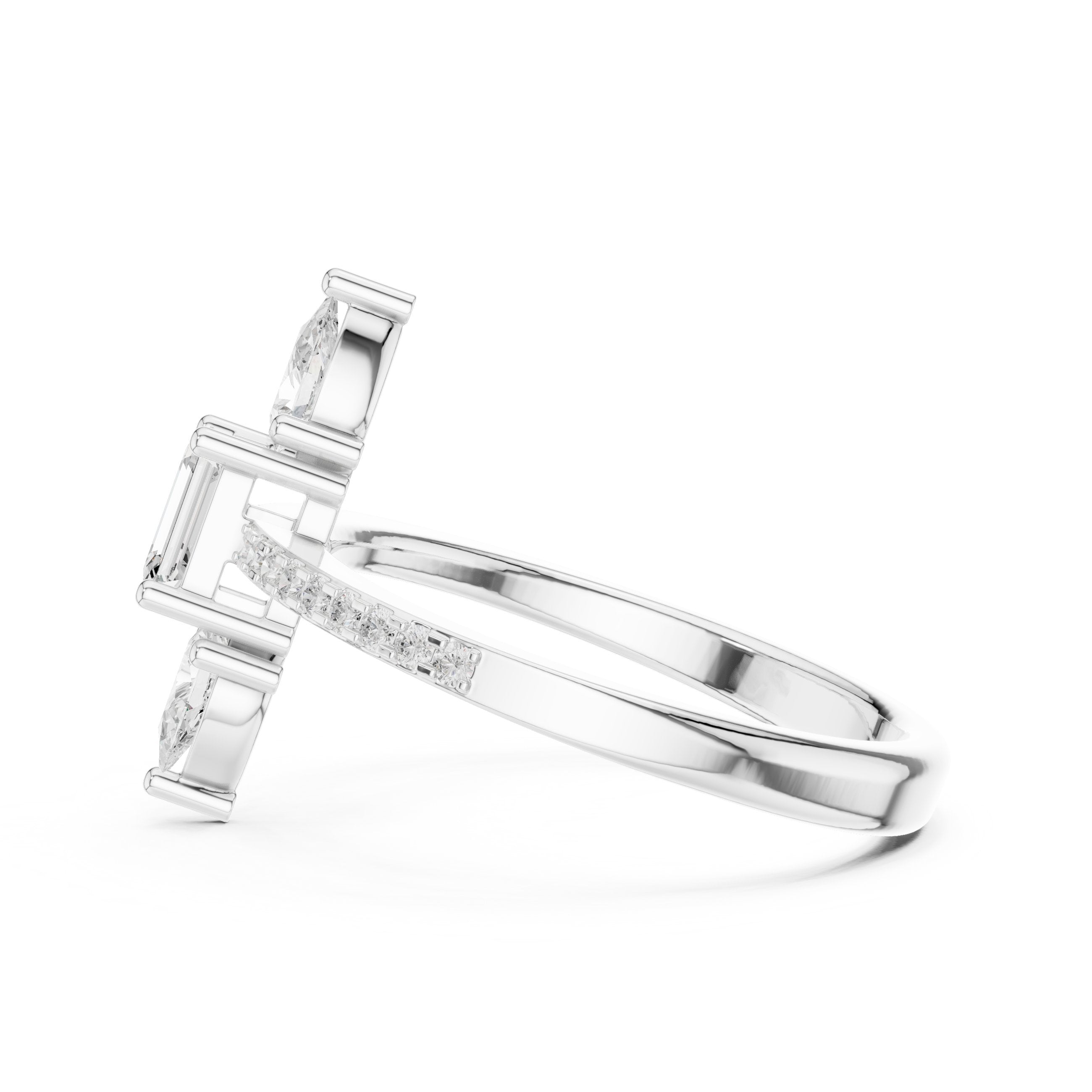 Emerald and Pear Vertical Three Stone Engagement Ring with Pavé Band in White Gold - VYKA Diamonds