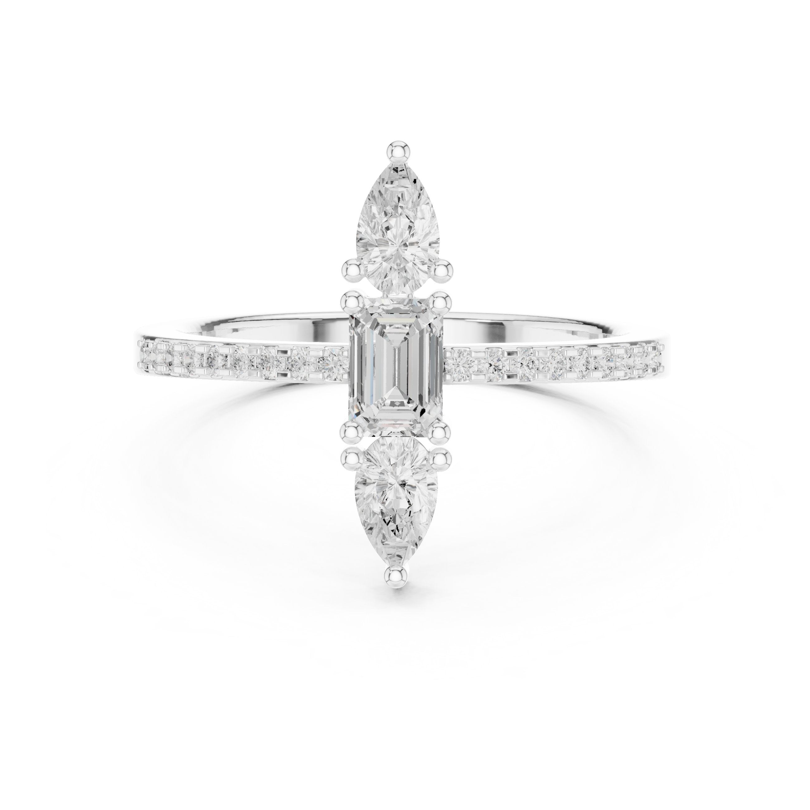 Emerald and Pear Vertical Three Stone Engagement Ring with Pavé Band in White Gold - VYKA Diamonds