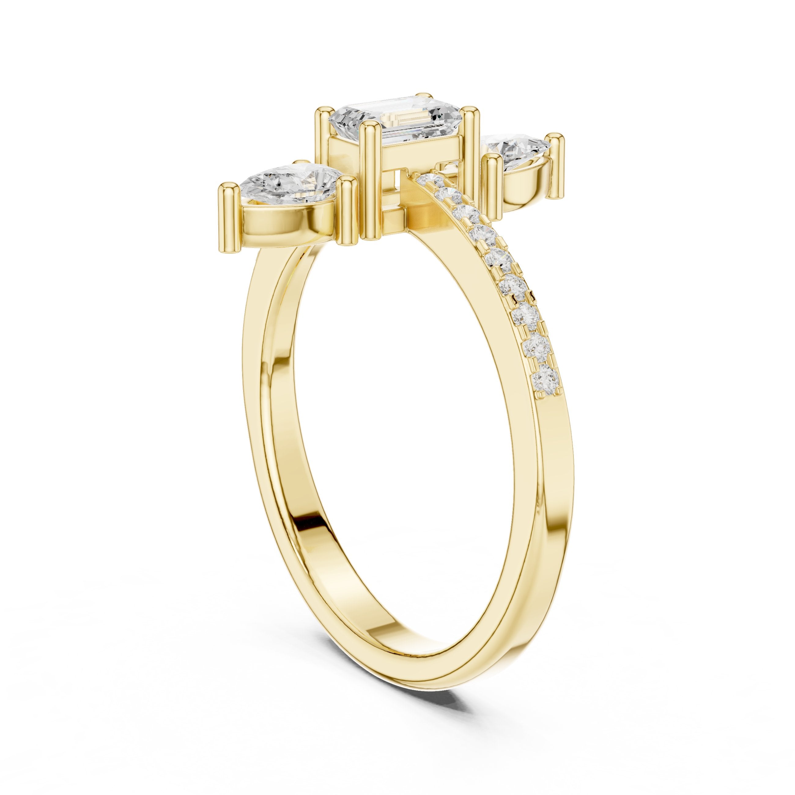 Emerald and Pear Vertical Three Stone Engagement Ring with Pavé Band in Yellow Gold - VYKA Diamonds