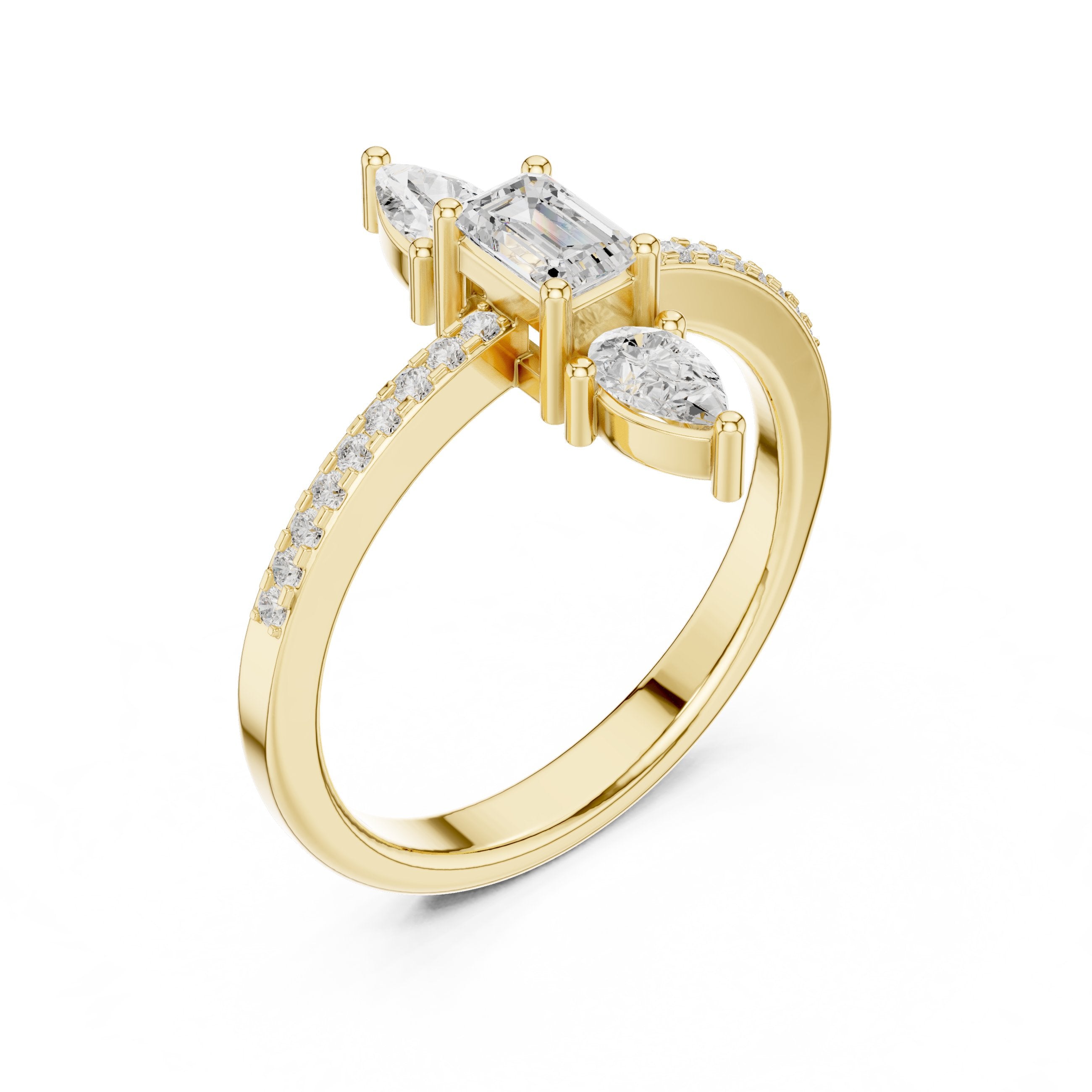 Emerald and Pear Vertical Three Stone Engagement Ring with Pavé Band in Yellow Gold - VYKA Diamonds