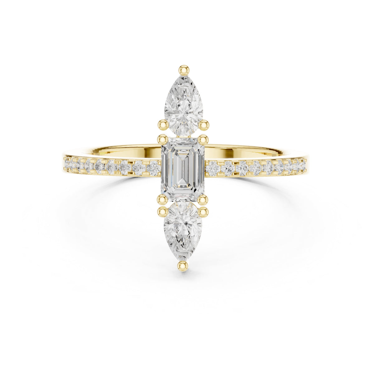 Emerald and Pear Vertical Three Stone Engagement Ring with Pavé Band