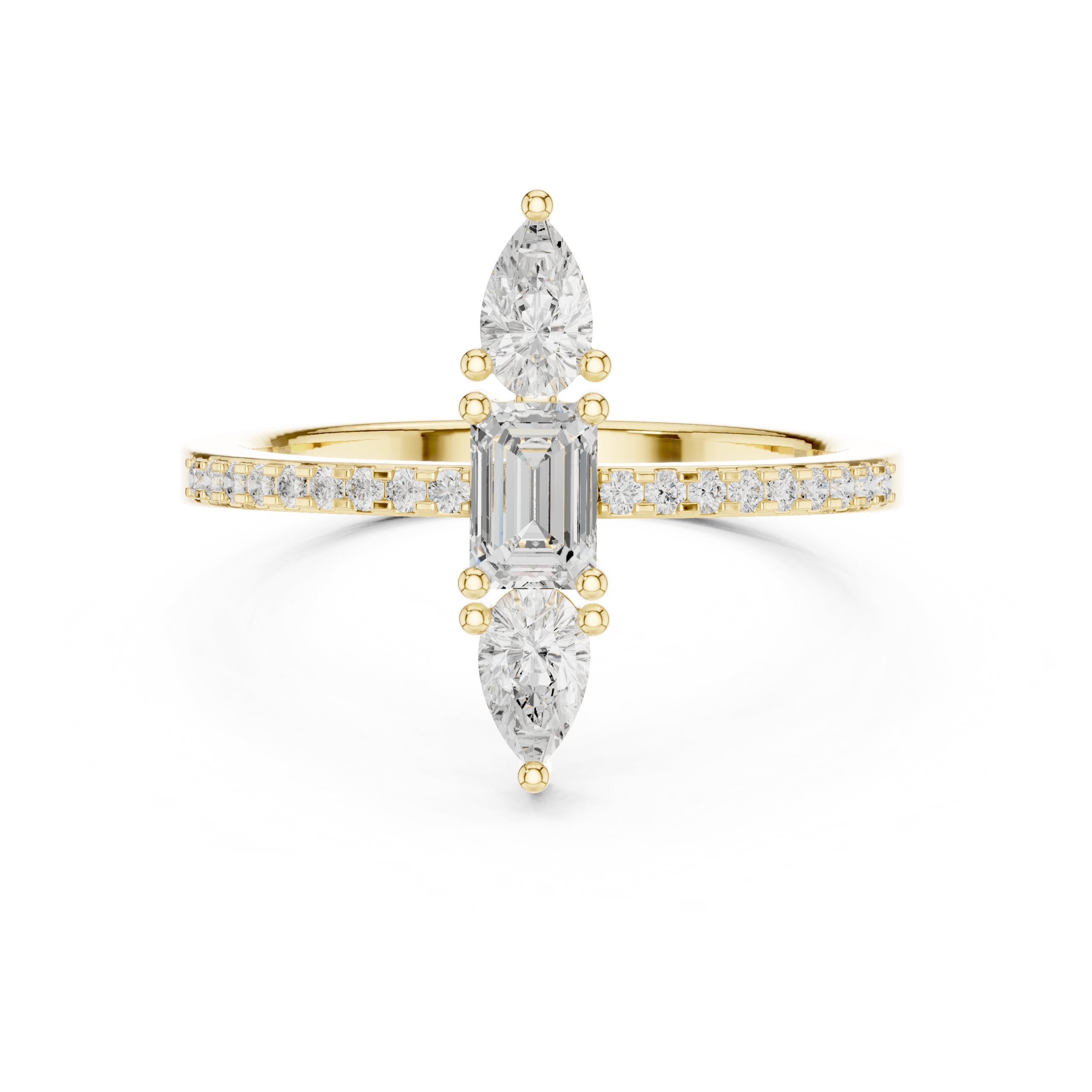 Emerald and Pear Vertical Three Stone Engagement Ring with Pavé Band in Yellow Gold - VYKA Diamonds