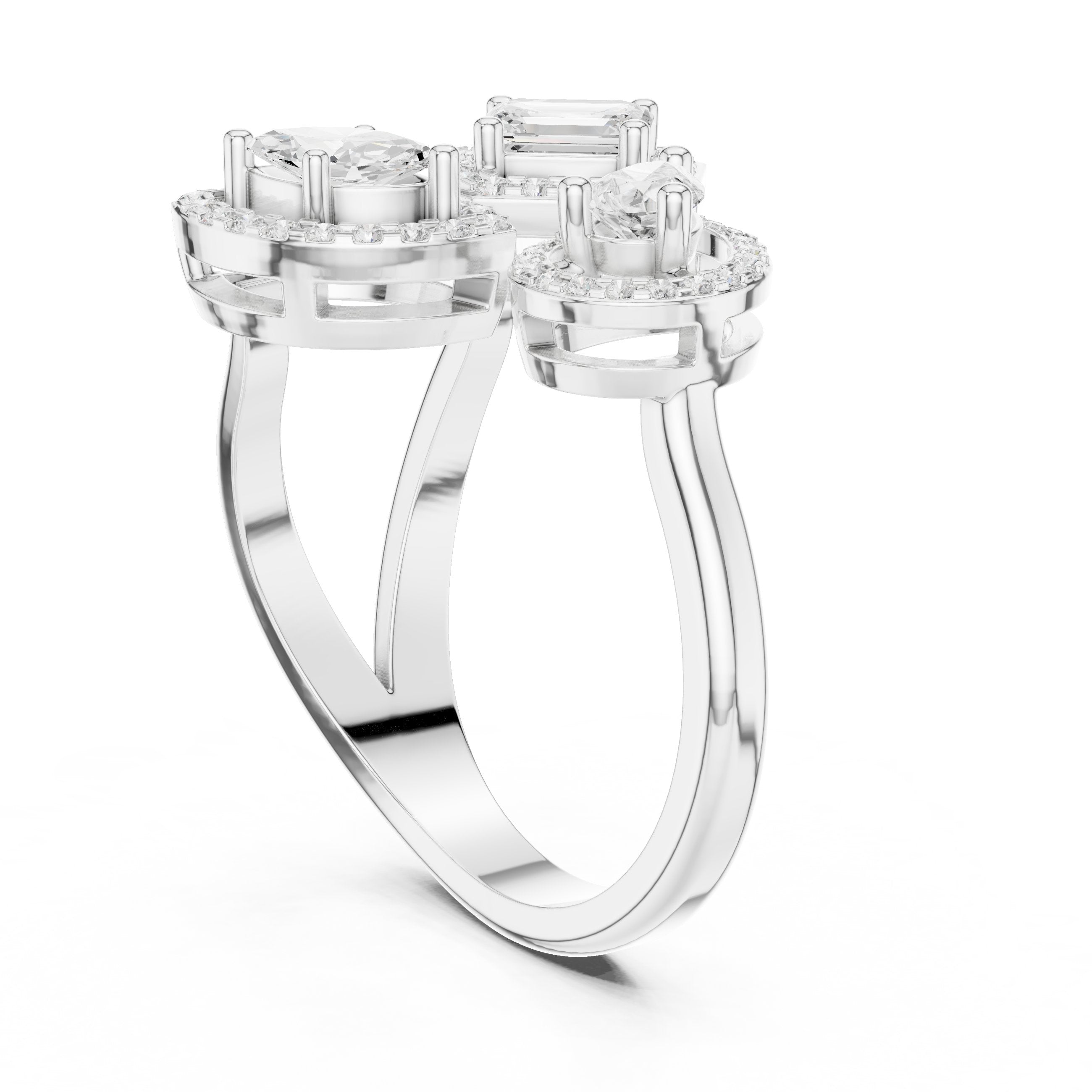 Mixed Cut Three Stone Halo Constellation Engagement Ring in White Gold - VYKA Diamonds