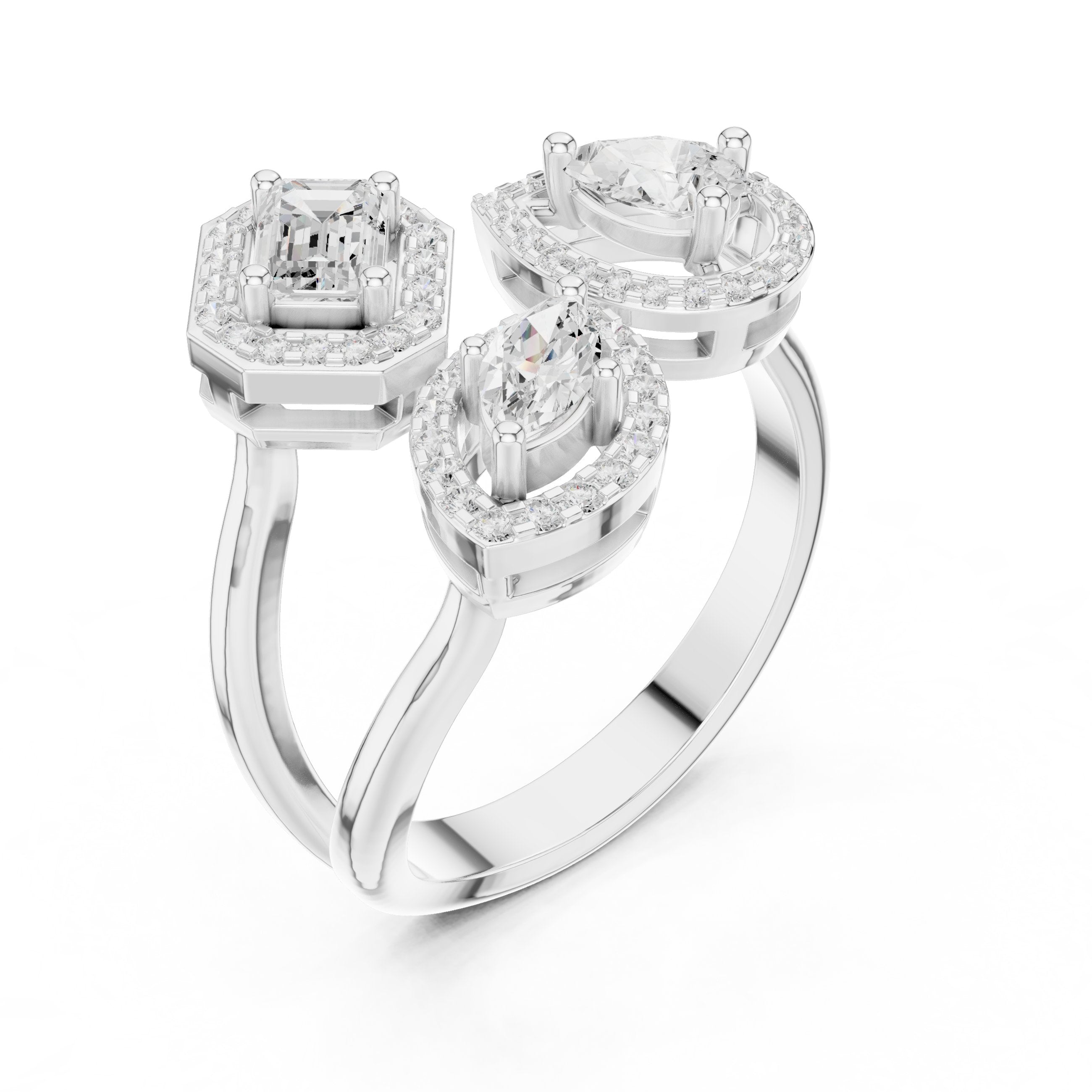 Mixed Cut Three Stone Halo Constellation Engagement Ring in White Gold - VYKA Diamonds