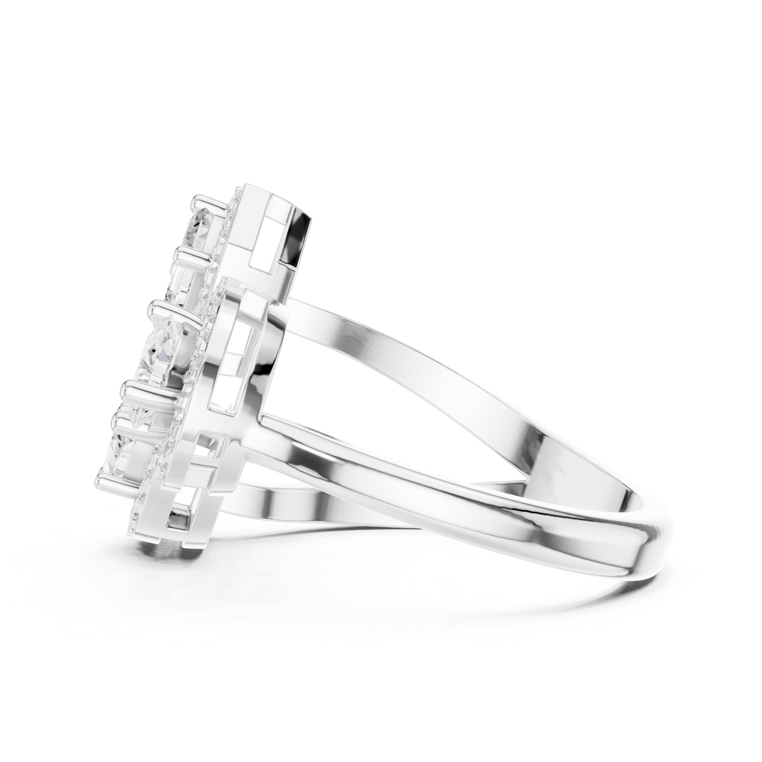 Mixed Cut Three Stone Halo Constellation Engagement Ring in White Gold - VYKA Diamonds