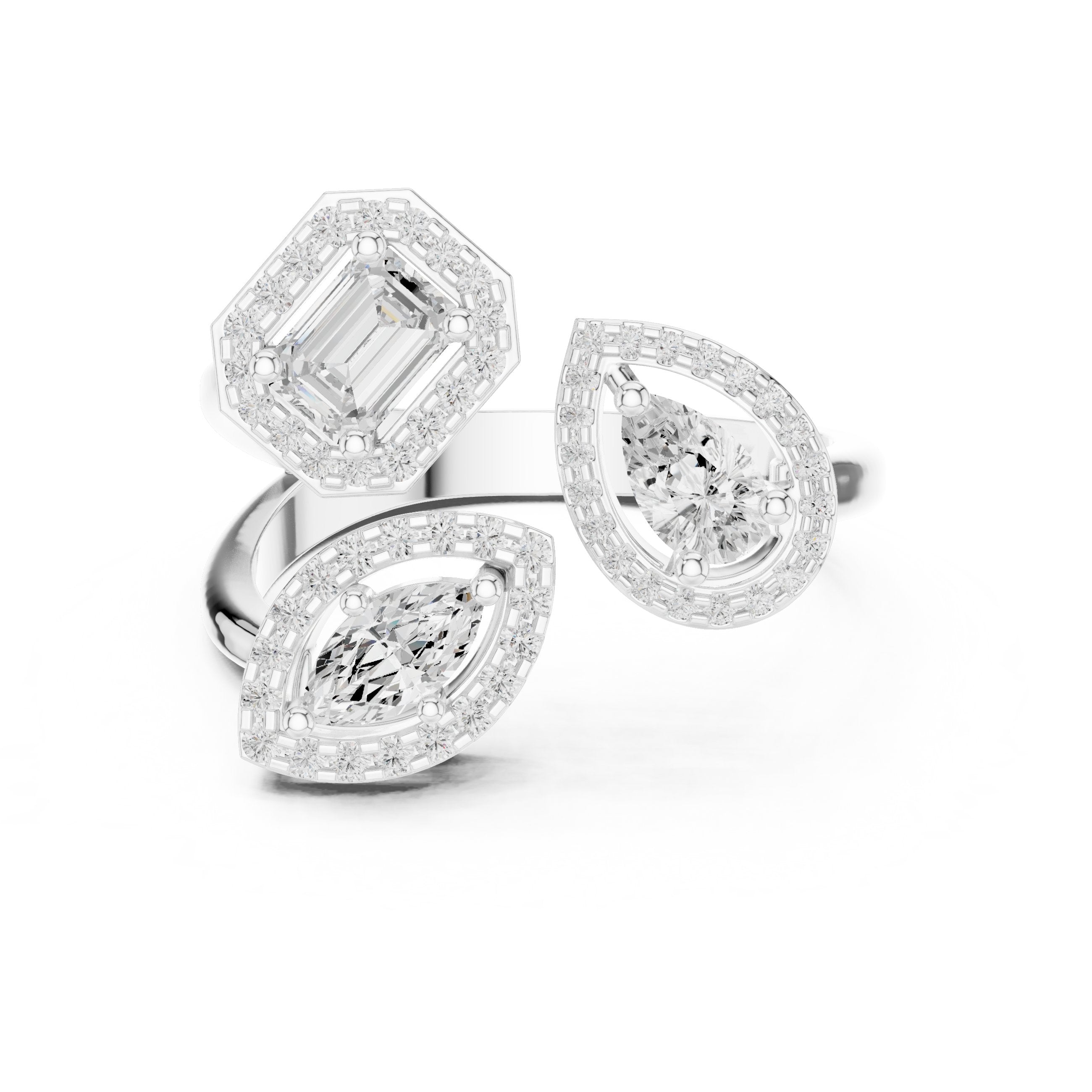 Mixed Cut Three Stone Halo Constellation Engagement Ring in White Gold - VYKA Diamonds