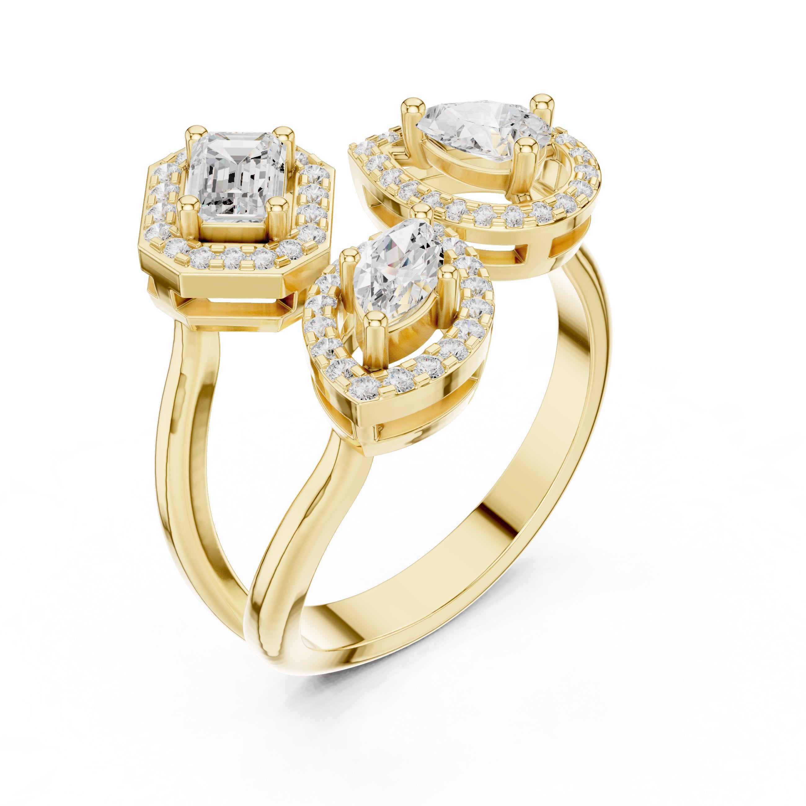 Mixed Cut Three Stone Halo Constellation Engagement Ring in Yellow Gold - VYKA Diamonds