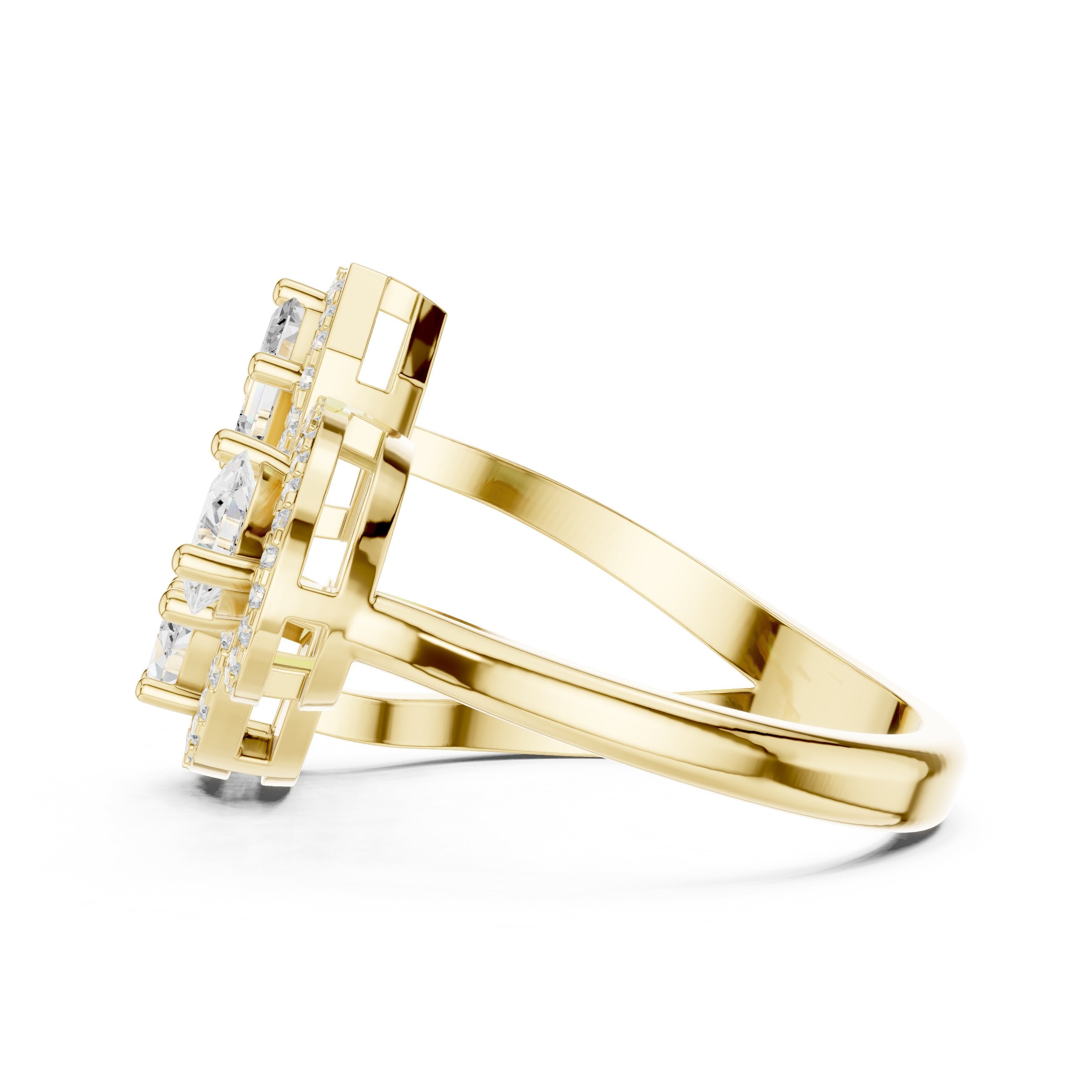 Mixed Cut Three Stone Halo Constellation Engagement Ring in Yellow Gold - VYKA Diamonds