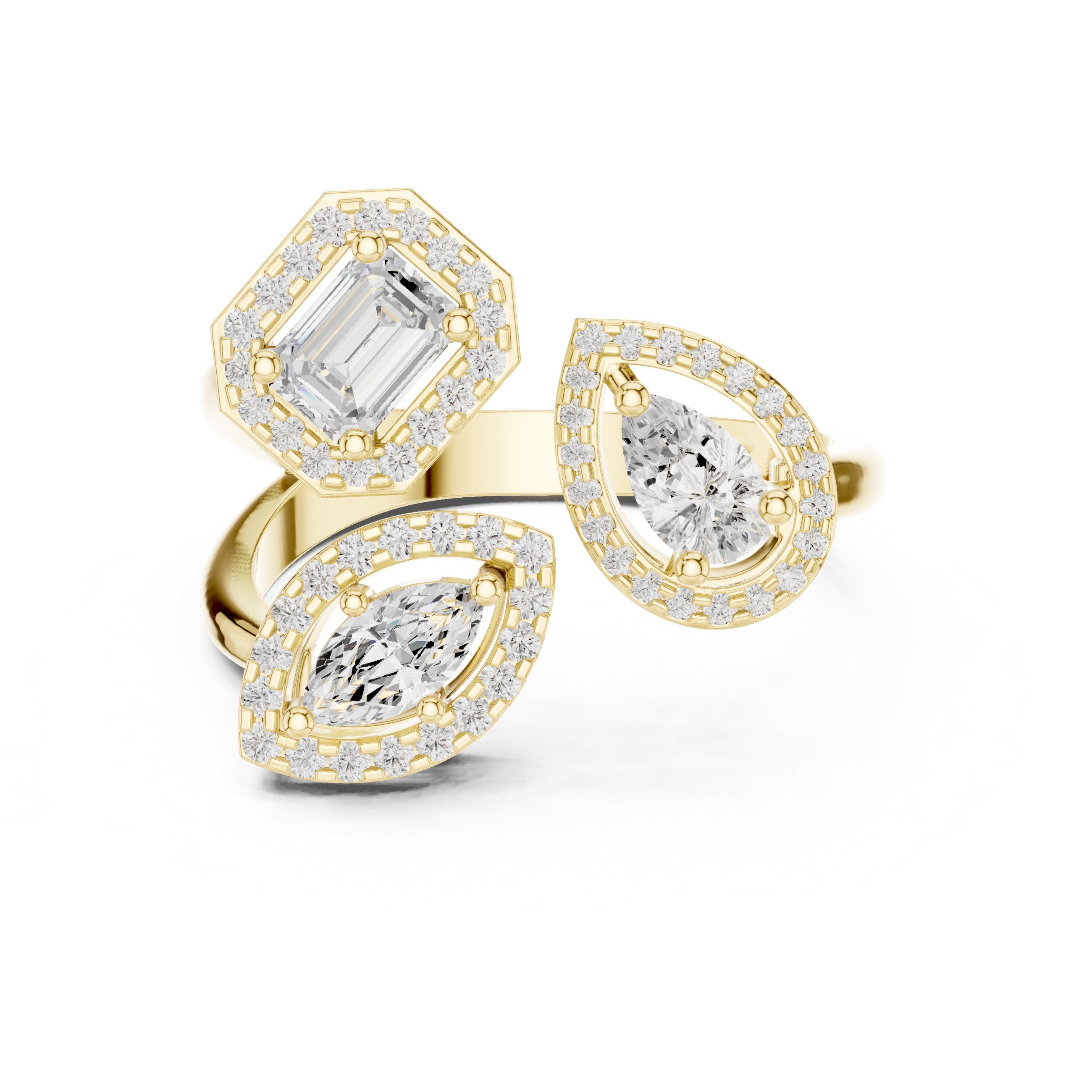 Mixed Cut Three Stone Halo Constellation Engagement Ring in Yellow Gold - VYKA Diamonds